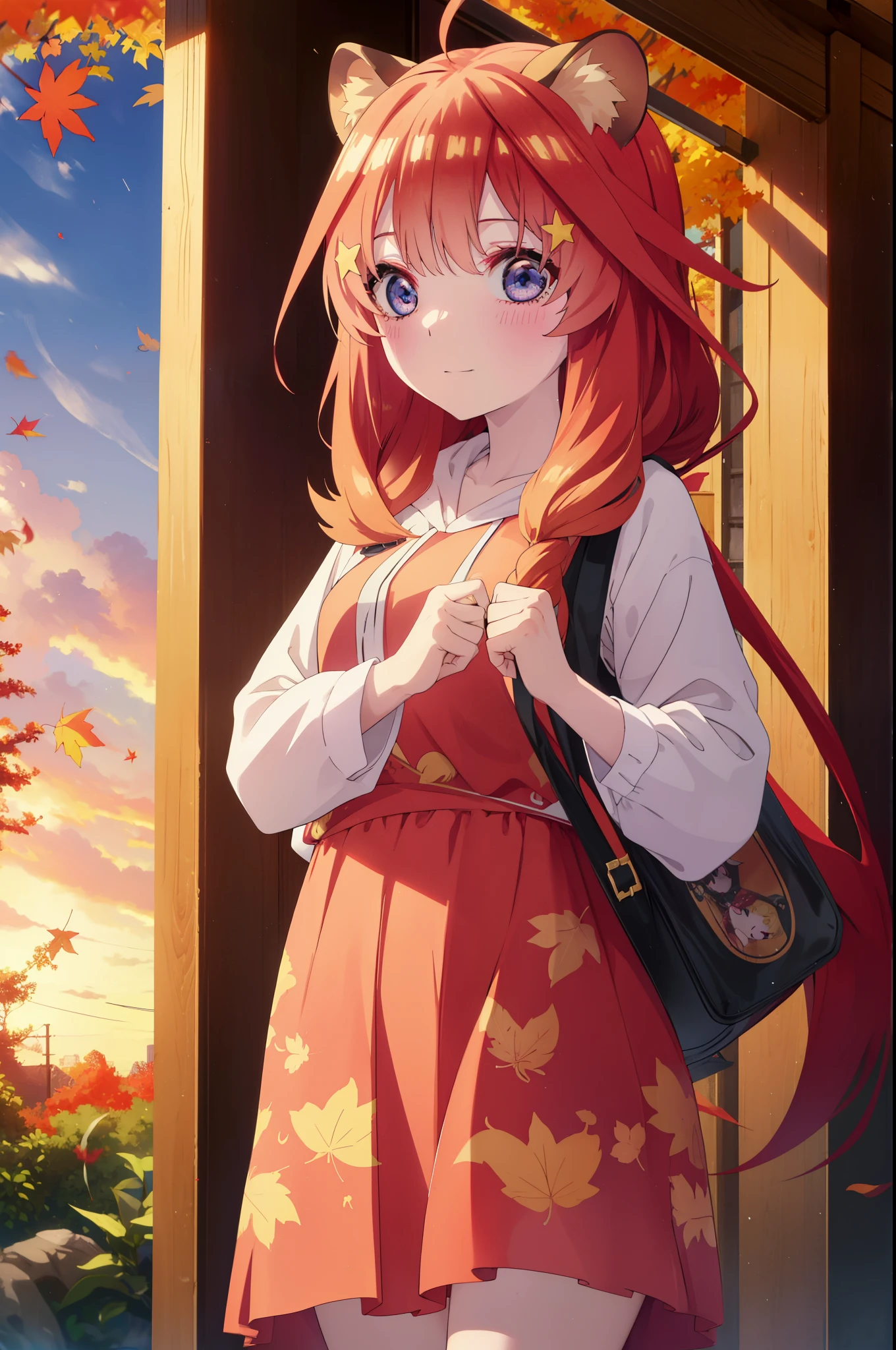 itsukinakano, itsuki nakano, bangs, blue eyes, hair between eyes, Ahoge, redhead, star \(symbol\), short braided hair,hair ornaments, star hair ornaments,smile,blush,animal ears　raccoon ears,Animal tail　Tanuki tail,Red hoodie,white long skirt,Cute sandals,autumn leaves,whole bodyがイラストに入るように,
break outdoors, garden,
break looking at viewer,whole body,(cowboy shot:1.5),
break (masterpiece:1.2), highest quality, High resolution, unity 8k wallpaper, (figure:0.8), (beautiful deしっぽed eyes:1.6), extremely deしっぽed face, perfect lighting, extremely deしっぽed CG, (perfect hands, perfect anatomy),