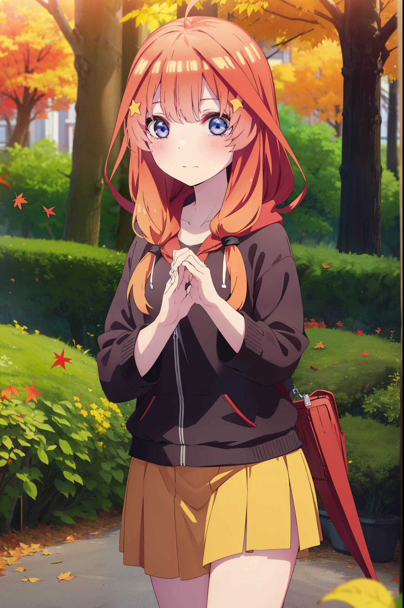 itsukinakano, itsuki nakano, bangs, blue eyes, hair between eyes, Ahoge, redhead, star \(symbol\), short braided hair,hair ornaments, star hair ornaments,smile,blush,animal ears　raccoon ears,Animal tail　Tanuki tail,Red hoodie,white long skirt,Cute sandals,autumn leaves,whole bodyがイラストに入るように,
break outdoors, garden,
break looking at viewer,whole body,(cowboy shot:1.5),
break (masterpiece:1.2), highest quality, High resolution, unity 8k wallpaper, (figure:0.8), (beautiful deしっぽed eyes:1.6), extremely deしっぽed face, perfect lighting, extremely deしっぽed CG, (perfect hands, perfect anatomy),