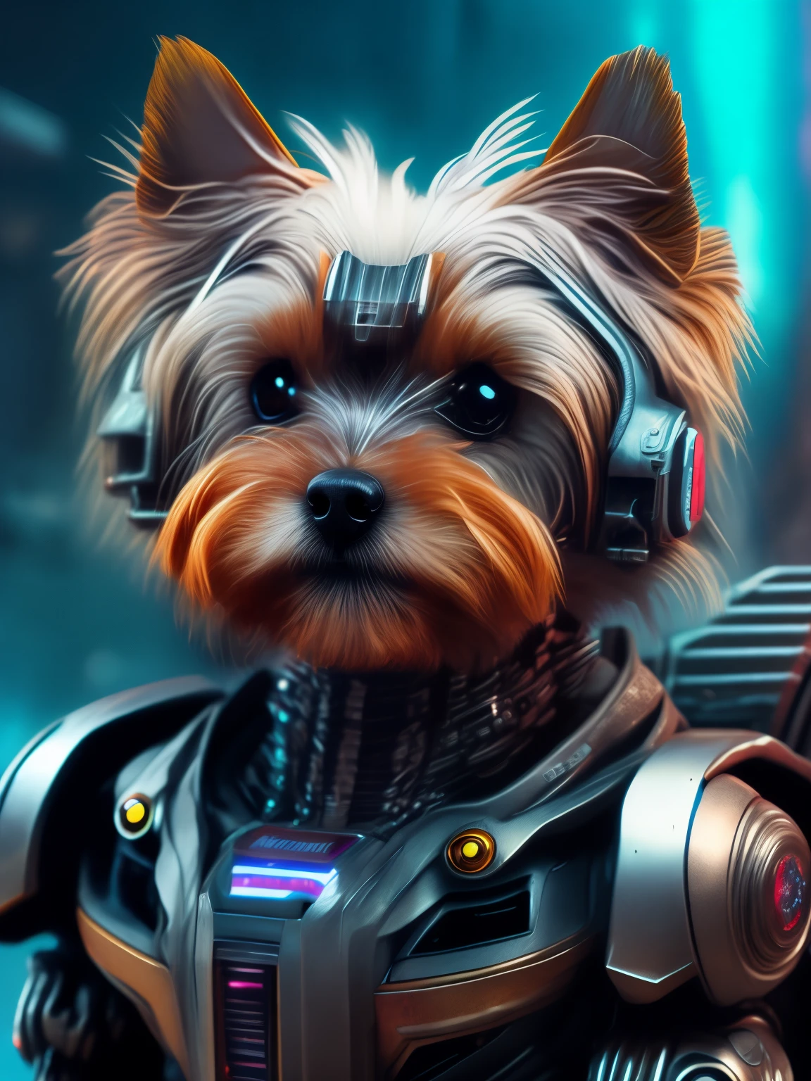 Yorkshire terrier (cyborg) dog as doomsday killer, realistic sci-fi cyberpunk power armor robot, closeup portrait
