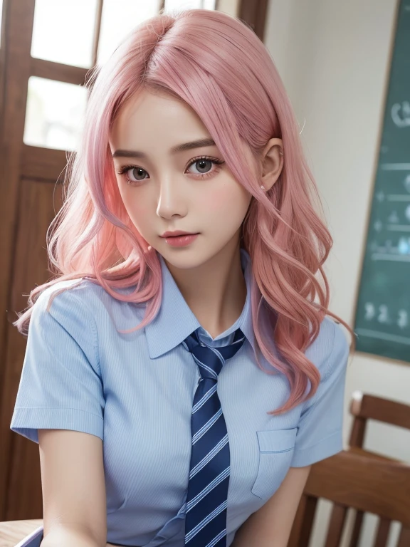 (table top:1.4, Photoreal:1.4, 8K), highest quality, masterpiece, ultra high resolution, perfect dynamic composition, big face、round face、((pink hair, long hair, curly hair))、Highly detailed skin and facial textures:1.3, Detail of limbs, 1 girl, Cute sexy 22 year old woman, (sunburn:1.2), ((completely enchants you:0.9)), ((school uniform, light blue collared short sleeve shirt, Striped tie)),Medium chest, (distant eyes, beautiful eyes, brown eyes、Eyes that feel beautiful eros:0.85), sexy face:0.4, (closed mouth、small mouth、thick lips、A taste of beautiful eroticism:0.85), ((Too cute beauty:0.9))、gal makeup、((Close-up))
