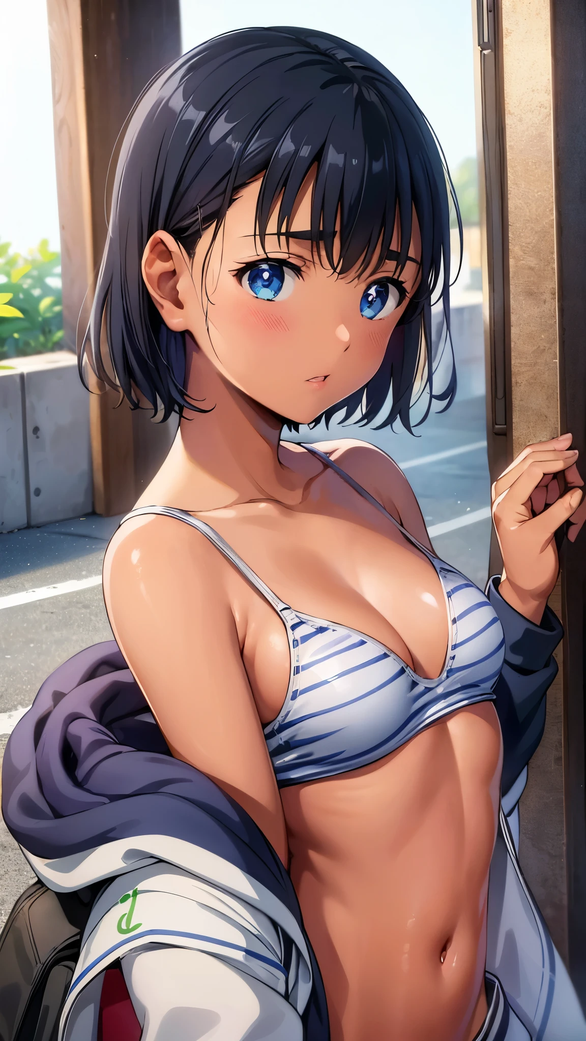 (Best Picture Quality, 4K, High Quality, Masterpiece:1.2), ((Masterpiece)), High Detail, High Quality, (HDR,16k, RAW Beautiful Girl Portrait, Best Picture Quality, Masterpiece:1.2), (Ultra-Definition Illustration), perfectly balanced anatomy, school swimwear。very cute round face。kofune_mio, dark skin, small breast, short hair