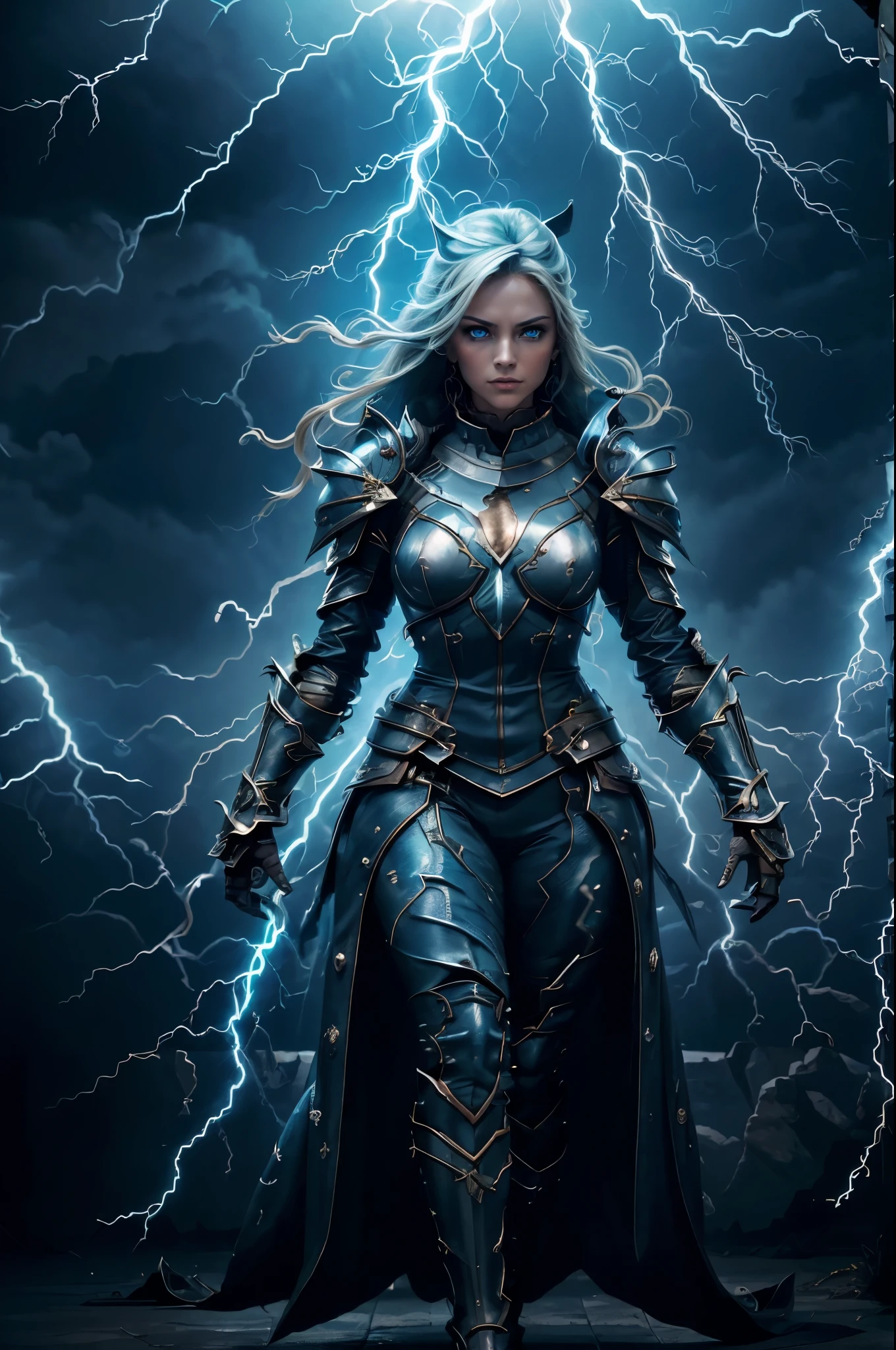 (best quality,4k,8k,highres,masterpiece:1.2),ultra-detailed,(realistic,photorealistic,photo-realistic:1.37),(Fullbody Image),woman with thunder power,shirt and gauntlets,beautiful detailed eyes,beautiful detailed lips,lightning energy flowing from her body,glowing gauntlets with thunder symbols,sparks and electricity surrounding her,striking and dynamic pose,stormy background,storm clouds and lightning bolts,electric blue color scheme,dramatic lighting,stormy atmosphere,crackling electrical effects,empowered and confident expression,sharp focus on the main character,intense and powerful storm powers,energy crackling in the air,weather manipulation,electricity arcing between her fingers,charged and vibrant colors,forceful and controlled movements,storm elemental abilities,crackling thunder effects,striking visuals,strong and impactful presence,energy concentration and control,thunderstorm superhero,thunderous energy emanating from her,electrifying and captivating presence,energetic and dynamic composition,immense power linked to natural forces,visual representation of awe-inspiring weather power.
