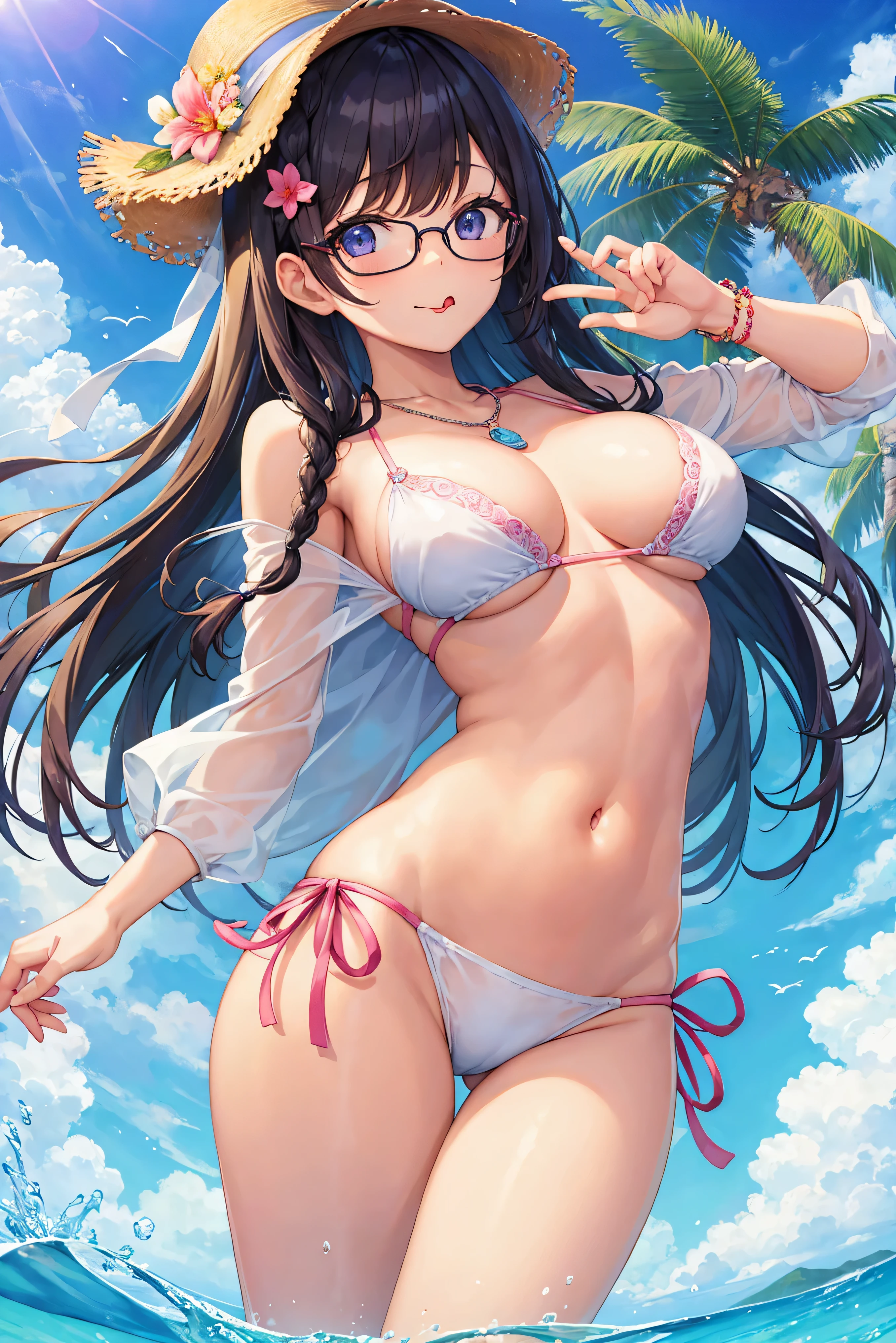 Great masterpiece、Super delicate、1girl in、eye glass、Pure、Braids、a necklace,Fancy Bikini、tongue-out、Cute anime illustration、