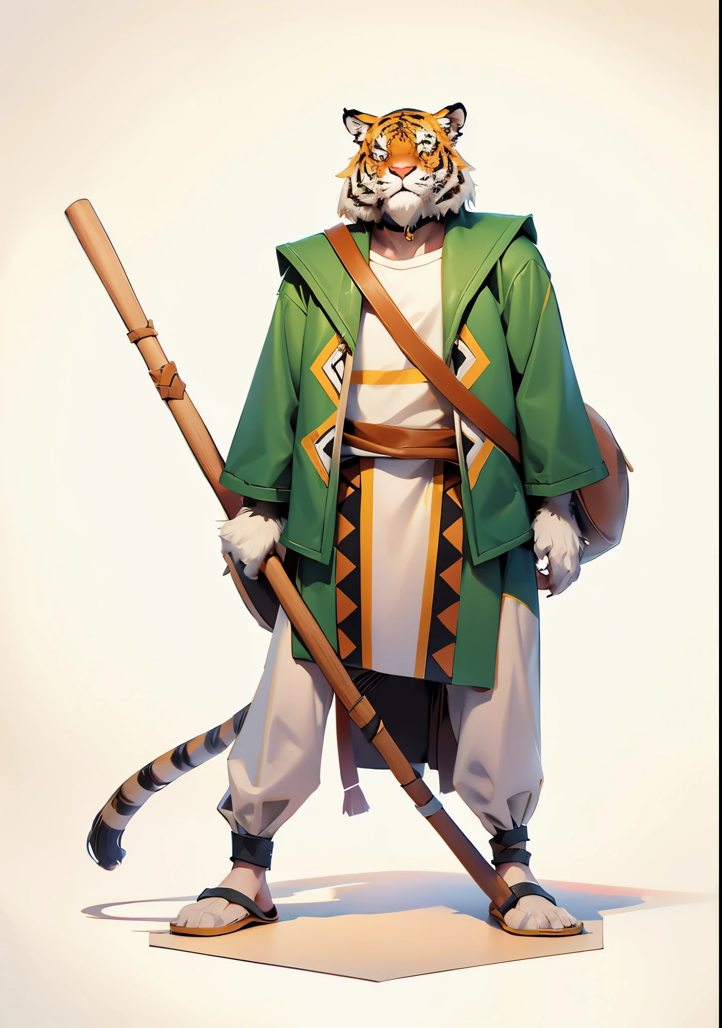 weretiger, tiger, furry, (neck hand and foot covered with fur), animal paw, animal hands, unique zigzag motive clothes, (pants), (slipper), holding wooden staff, wearing big crossbody bag, anime art style,