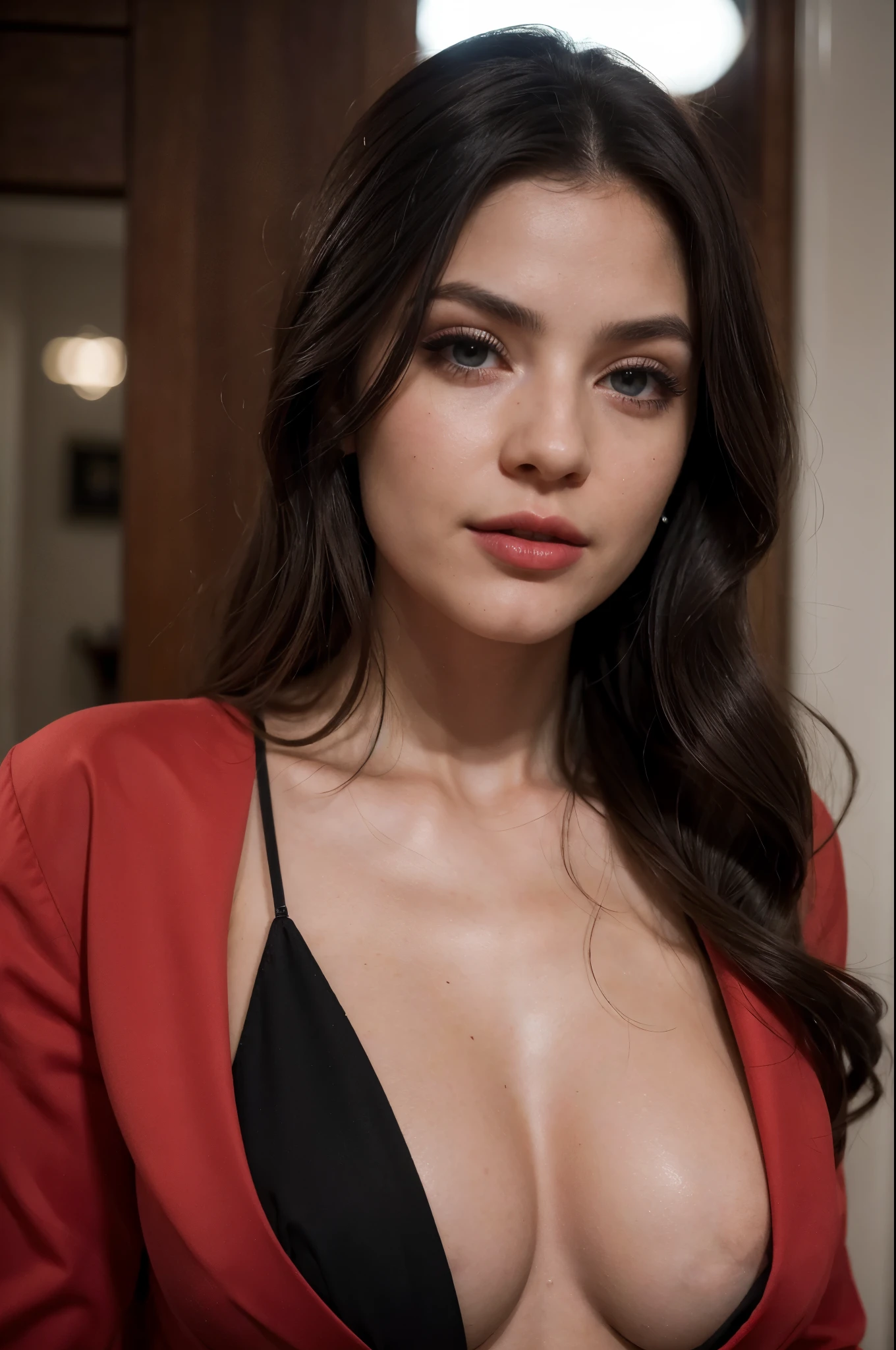 (Mejor calidad,4k,8K,high resolution,obra maestra:1.2), ultra detallado, (realista,Fotorrealista,fotorrealista:1.37), Retrato de una chica con cabello negro y maquillaje festivo hermosos ojos detallados, hermosos labios detallados, ojos y rostro extremadamente detallados, long eyelashes, cabello brillante y brillante, piel inmaculada, delineador de ojos negro, maquillaje de ojos ahumados, Forma de ceja perfecta, mejillas sonrosadas, deep red lipstick, glamorous and confident facial expression, Viste una blusa rosa y un traje negro moderno y elegante..