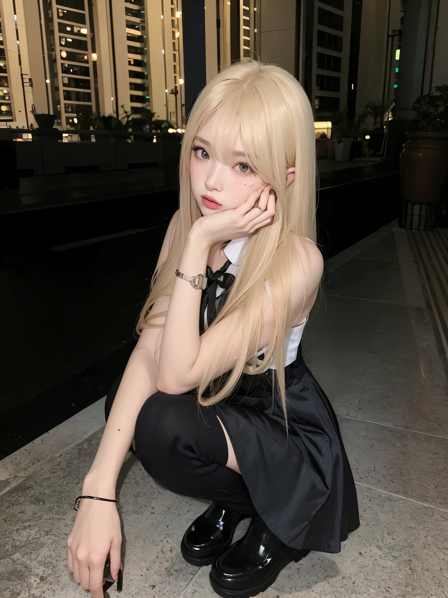 Blonde woman with long hair holding a white cell phone., retrato de kim petras, maquillaje popular de corea del sur, Retrato de Jossi de Blackpink, Parque Roseanne de Blackpink, ulzzang, maquillaje coreano popular, cruel korean gothic girl, ava max, con el pelo largo y blanco, inspirado en Yanjun Cheng, bella delfina, kim taejin