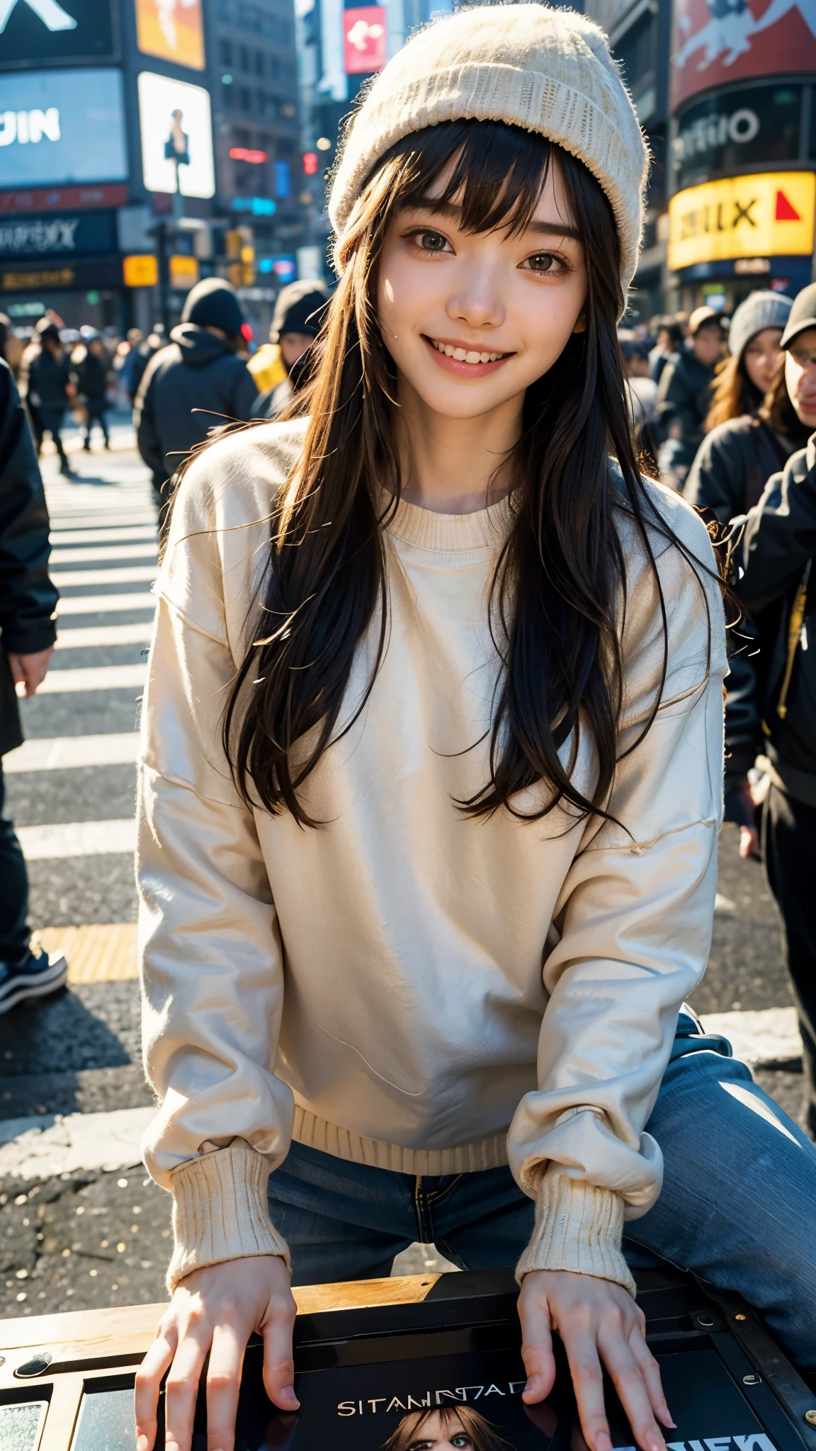 highest quality, masterpiece, ultra high resolution, (realistic:1.4), (close portrait) Raw photo, 1 girl,20-year-old,((Shibuya scramble crossing early in the morning with no one around)),((Top and bottom sweatshirt and knit cap )),messy hair,((long straight hair)),((Bangs short hair)),realistic,picture media chest)),((toothy smile)),((big smile))