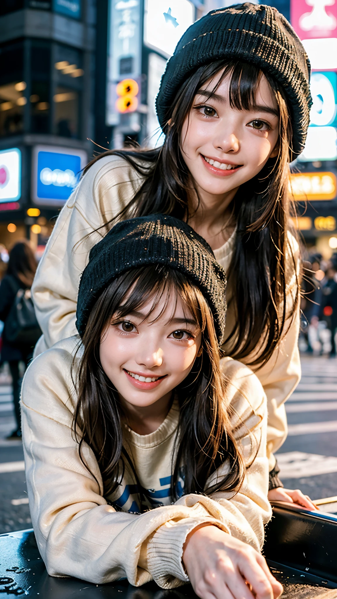 highest quality, masterpiece, ultra high resolution, (realistic:1.4), (close portrait) Raw photo, 1 girl,20-year-old,((Shibuya scramble crossing early in the morning with no one around)),((Top and bottom sweatshirt and knit cap )),messy hair,((long straight hair)),((Bangs short hair)),realistic,picture media chest)),((toothy smile)),((big smile))