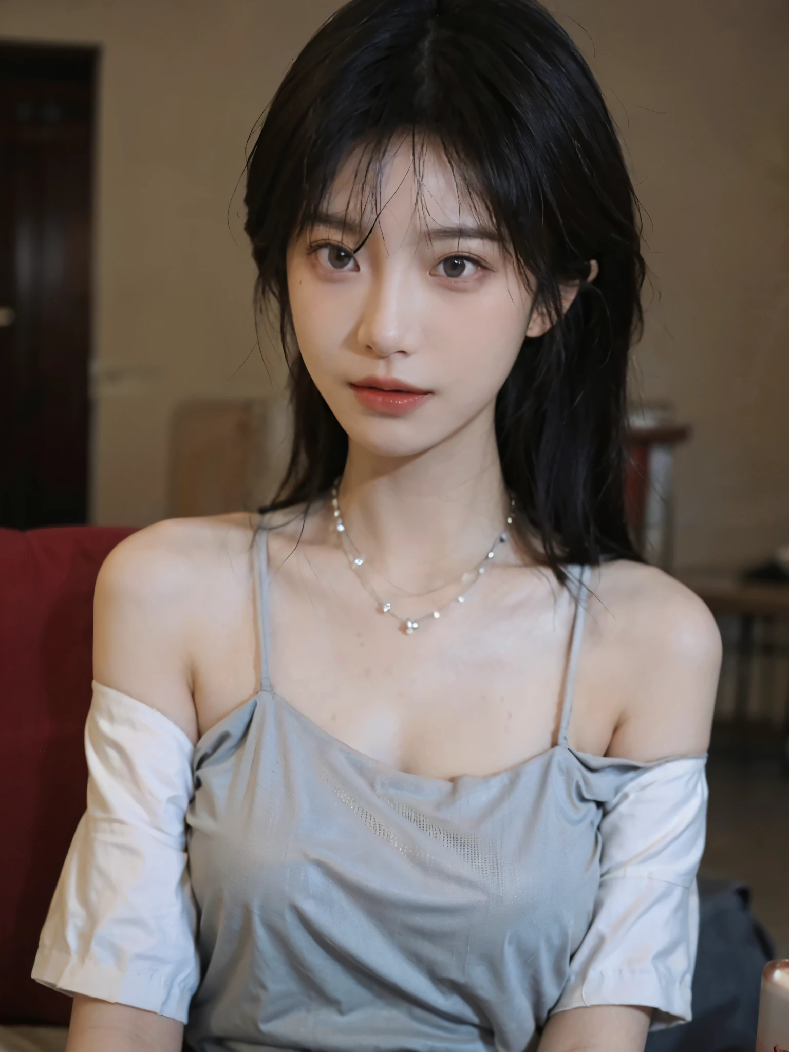 Film portrait photography, 1 girl, bare shoulders,lipstick,(flat chest:1.4), Shoulder length wavy hair, wear necklace,earrings,short sleeves,serene, calm, (Realistic and detailed eyes, natural skin texture, Realistic facial details), Soft dramatic lighting, depth of field, Bokeh, big breasts,Areola,split,cleavage,Vibrant details, Detailed and detailed, surreal, 35mm film, hazy, ,
