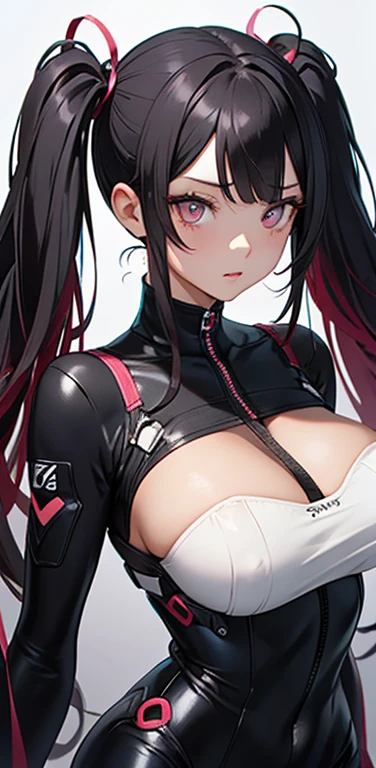 Realistic、1girl、black hair、(twintails),red eyes、(Beautiful eyes like jewels)、open stance,(middle hair),(eye focus:1.3,upper body),(gradient eyes:1.3),(enamel body suit:1.3
)、(clear face:1.3),cute face、,(tareme:1.3),(huge breasts),(dark color background:1.5)