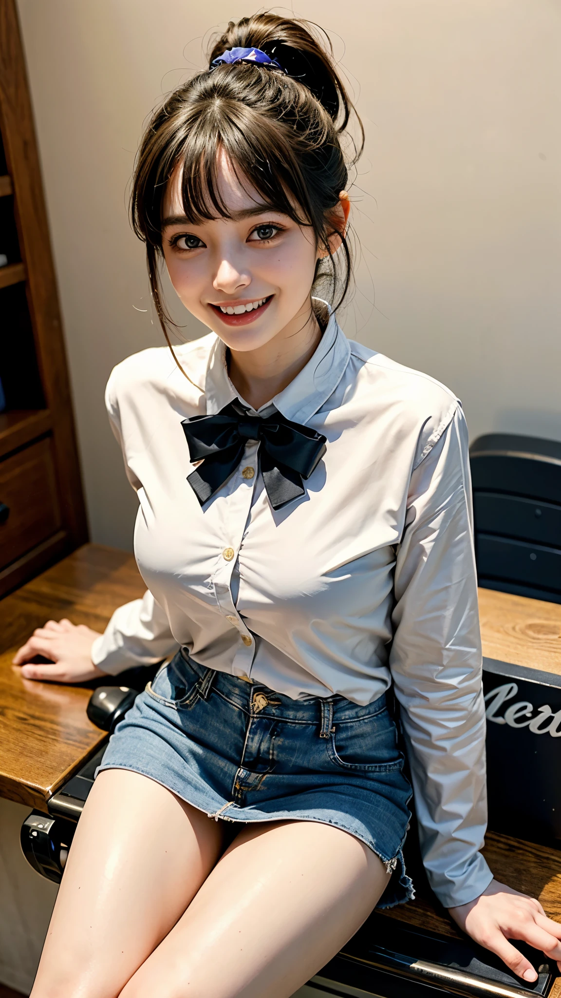 expensiveest quality, masterpiece, ultra expensive resolution, (realistic:1.4), 20-year-old,1 girl,Super expensive quality,8K,thinウエスト,thin脚,thin and beautiful arms,beautiful fingers,sale eye makeup,thin,Medium chest,soft chest,(((High school bicycle storage))),many students and bicycles,expensive ,Blazer uniform and ribbon miniskirt,after school gathering,((ponytail and hair tie)),((Bangs short hair)),realistic,picture media chest)),((toothy smile)),((big smile))