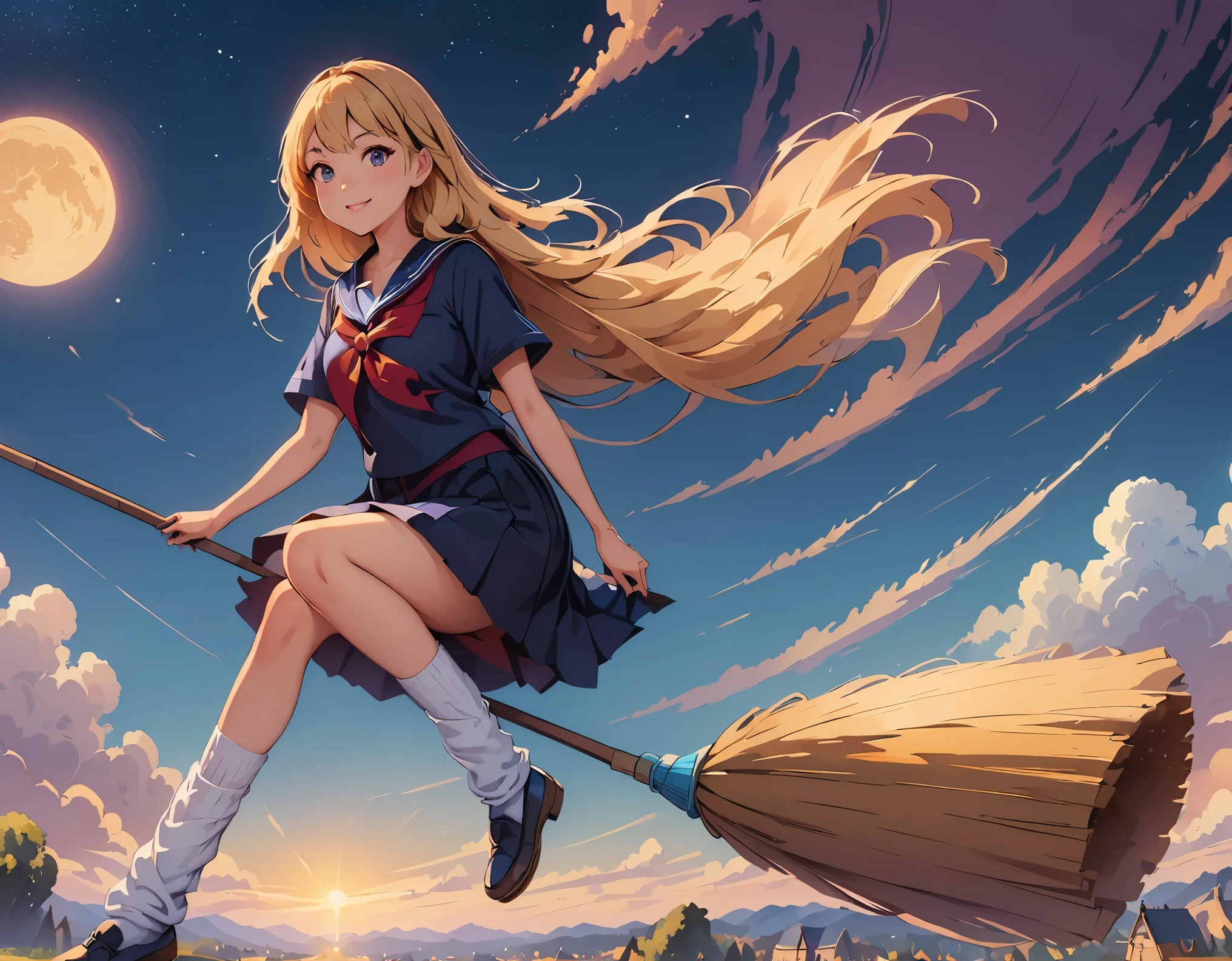 (highest quality、4K、8K、High resolution、masterpiece:1.2)、Super detailed、(anime style, photorealistic:1.37)、JKWitch、girl、(((JK, sailor suit, pleated skirt, loose socks;1.2, blonde long hair:1.2))), garden、fantasy、harry potter aesthetic、colorful、enchanting atmosphere、beautiful detailed eyes、beautiful detailed lips、flowing hair、((Fly on a broom、fly high into the sky, magic glowing wand))、 stars shining in the night sky、 Mysterious creatures on the background、gardenに咲くヒマワリとバラ、a magic spell is being cast、 enchanting aura、enchanting smile、Delicate porcelain skin、Expressive eyes full of wonder、 Aura of empowerment and confidence、Brightly colored magical sparks surrounded by swirls of magical energy、Night landscape with a crescent moon in the sky、wood々twinkling lights hanging from。