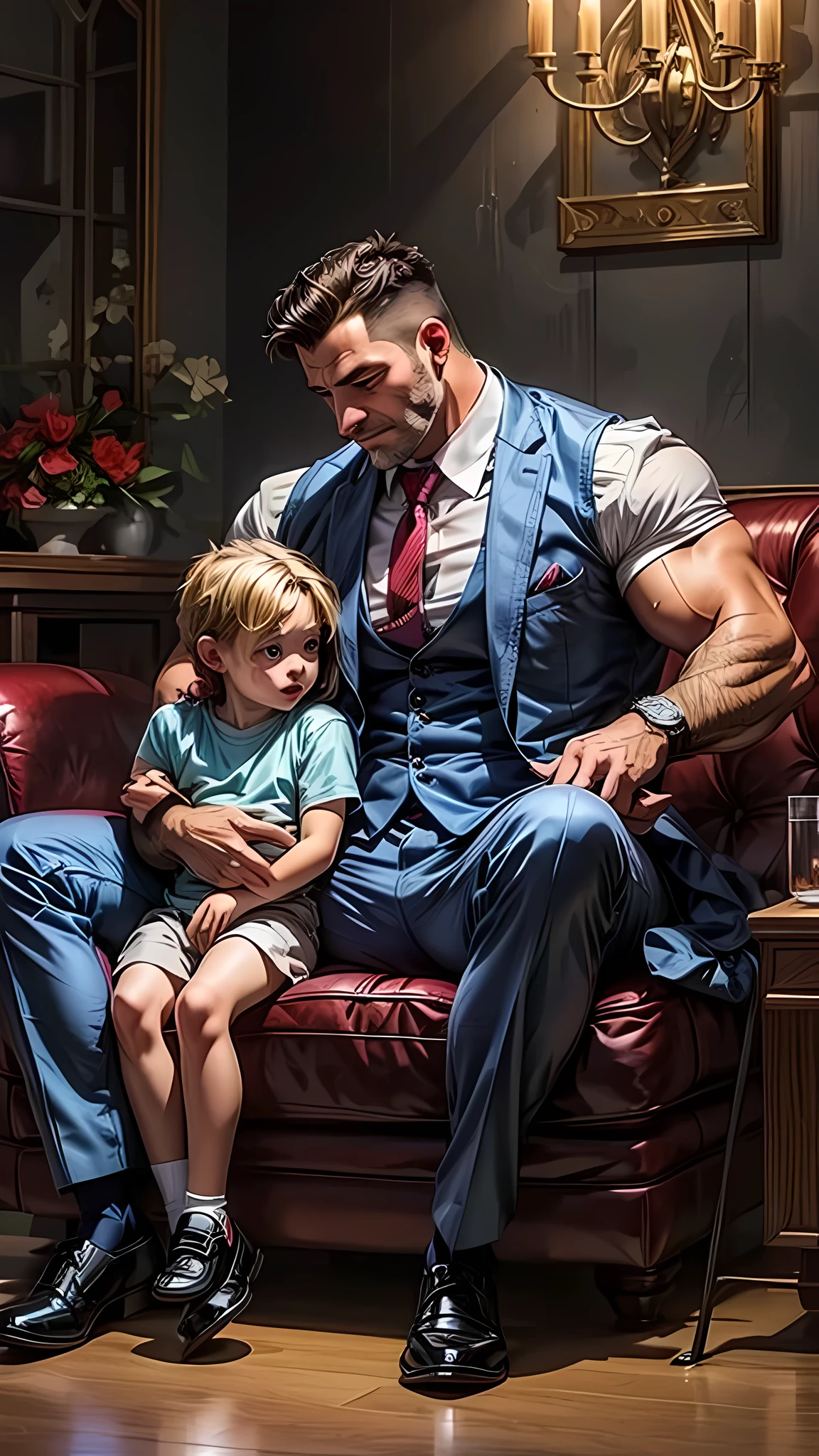 a man muscular in suit of approximately 40 years old, with her apparently 6 son