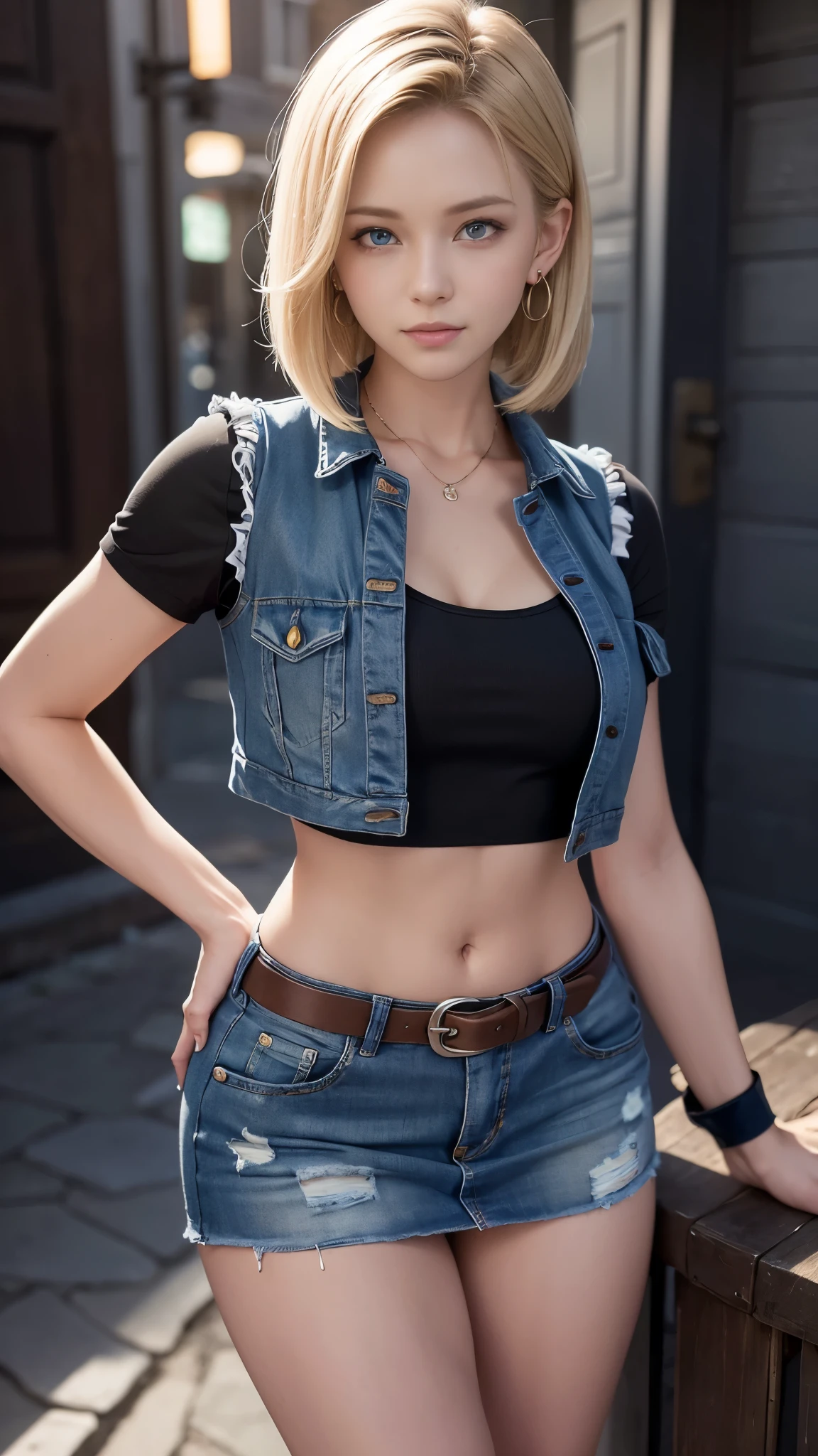 highest quality, High resolution, AND18, 1 girl, android 18, alone, blonde hair, blue eyes, short hair, cute smile,earrings, jewelry, denim dress, open vest, black sports bra, jeans miniskirt, blue mini skirt, small breasts, cowboy shot, she is wearing black short boots,street, (external expansion chest: 1.2),