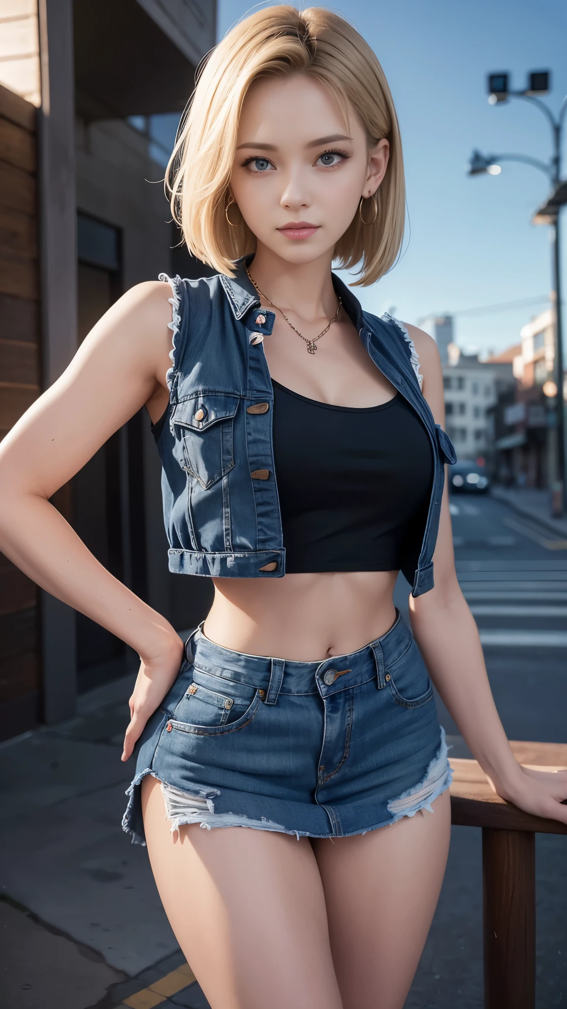 highest quality, High resolution, AND18, 1 girl, android 18, alone, blonde hair, blue eyes, short hair, cute smile，earrings, jewelry, denim dress, open vest, black sports bra, jeans miniskirt,  blue mini skirt, small breasts, cowboy shot, she is wearing black short boots，street, (external expansion chest: 1.2)，