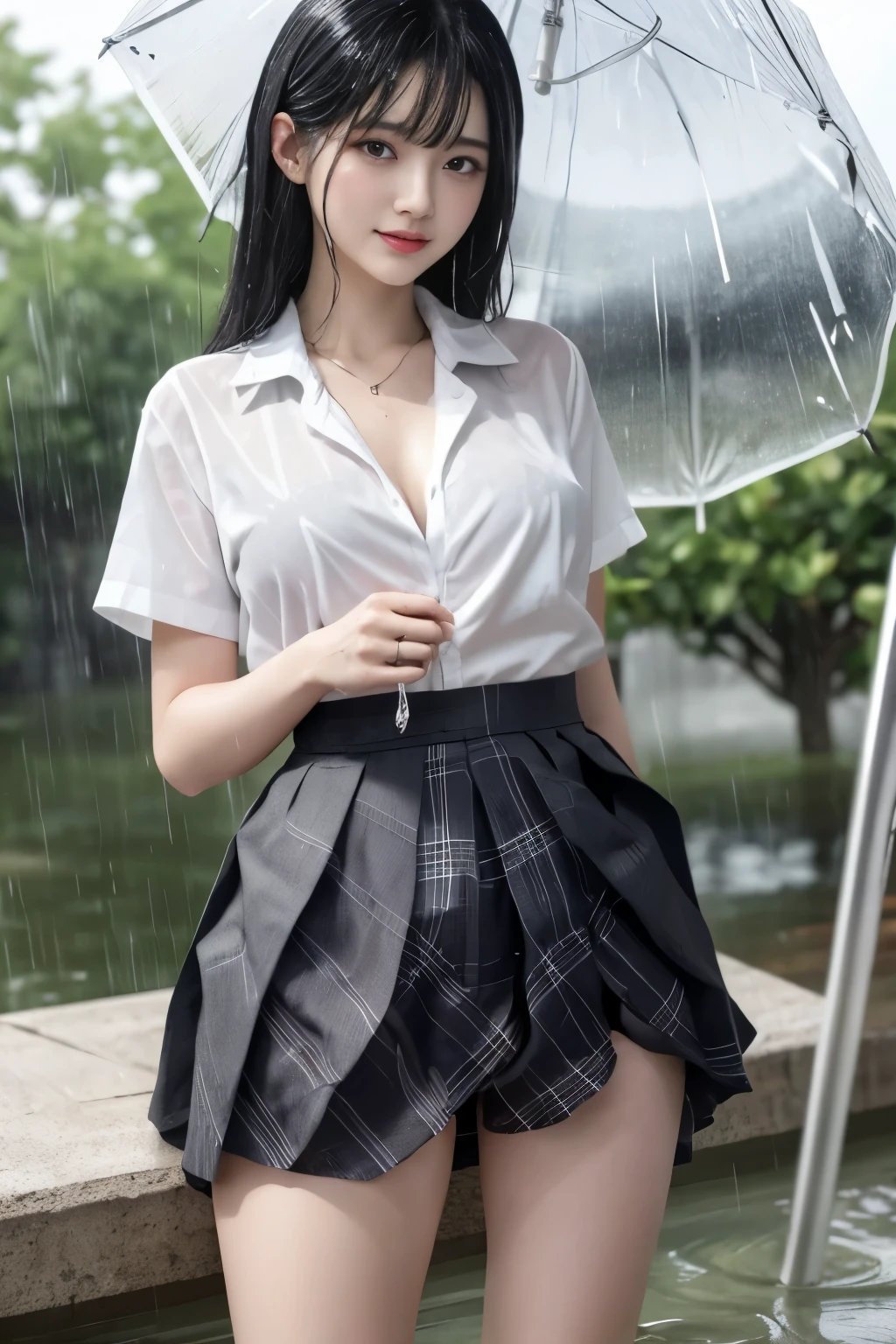 masterpiece、highest quality、girl 1、Super detailed black hair、bangs wet shirt、plaid long skirt、skirt lift、white underwear soft thighs It rains、Basking in the rain、the whole body gets wet