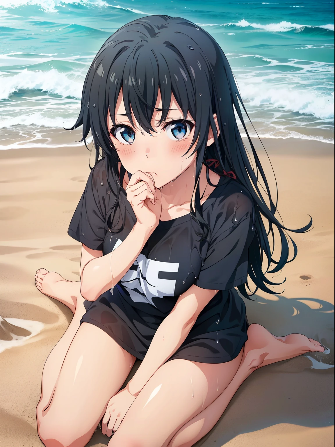 ((highest quality, High resolution,  perfect pixel, written boundary depth, 4k)), 1 girl,  beautiful anime girl, 
close, looking at the viewer, 
perfect body, 

yukinoshita yukino, dark hair, 

(white t-shirt), Sweat, (wet hair), bottomless, thighs, 
(panic, blush:1.2), pout, 
beach, wave, hands between legs, 
wariza, from above, 