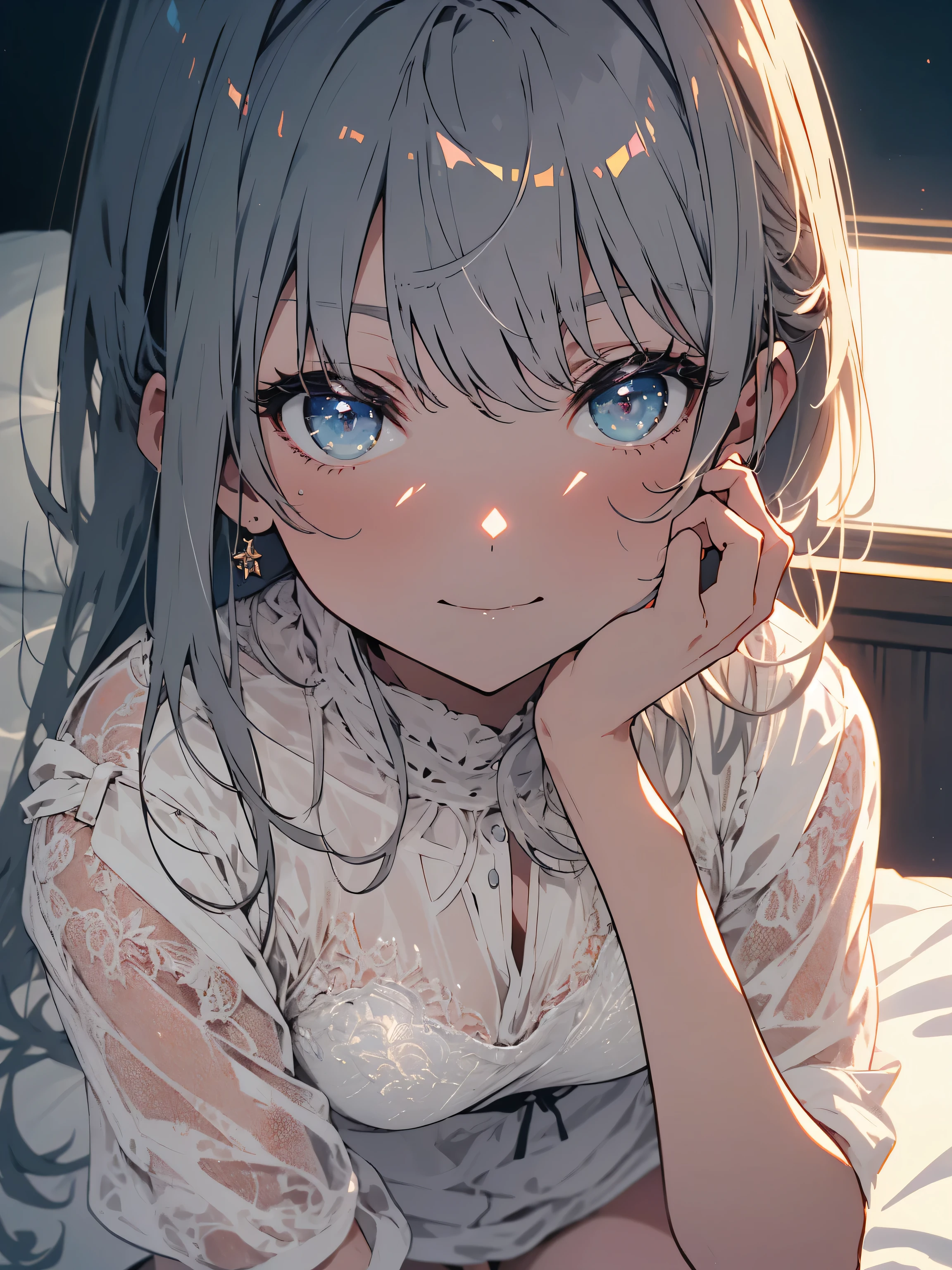 ((NSFW))、exposure of skin、masterpiece, highest quality,(shining eyes、be familiar with美しい顔), 1 girl,smile、(I only wear underwear)、((white lingerie))、 ((Mature underwear))、((be familiar withデザインのブラジャーとショーツ)),(Beautiful detailed eyes and be familiar with face),cinematic lighting,whole body,非常にbe familiar with、8K、wallpaper,gray hair,alone,cute bedroom、relax in bed、 morning、 (bright theme:1.3), (highest quality、masterpiece、High resolution、be familiar with)、((beautiful anime))