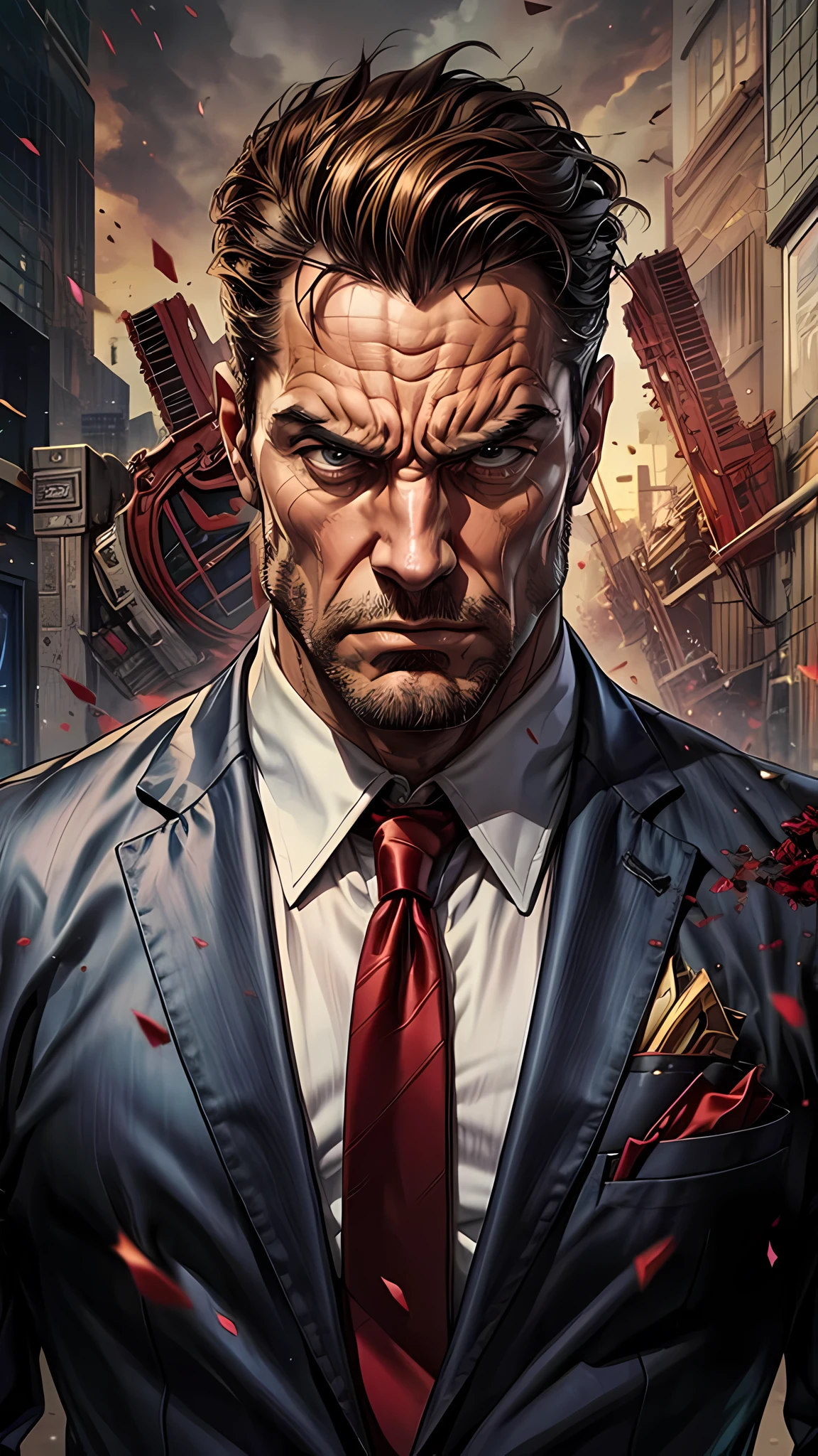 a man muscular in suit of approximately 40 years old, with an angry expression