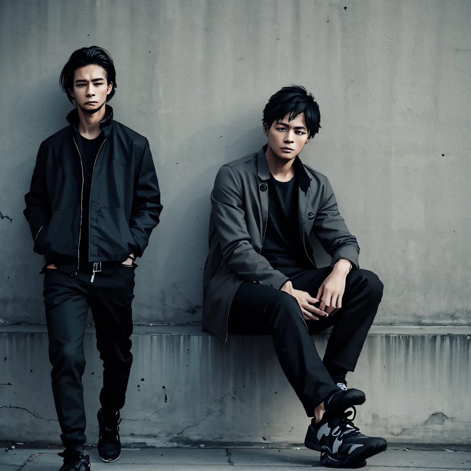 Create a man character in dark gray clothing with a tired face, black skin color and black pants and shoes 