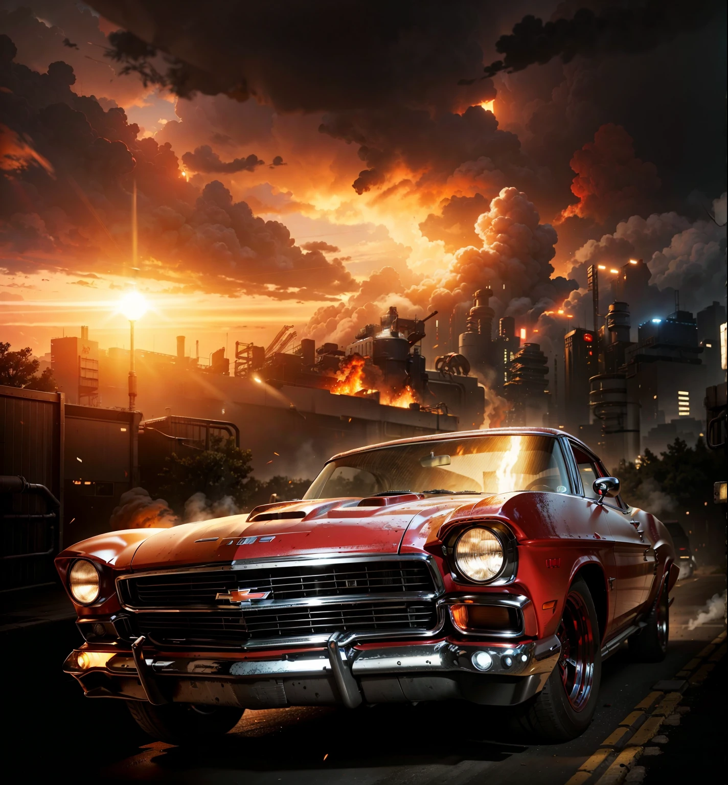 A super RED muscle car Chevy Sci fi style headlights on in the foreground, in the background is a sci fi factory cyberpunk style with a great industrial oven with great fire and heat