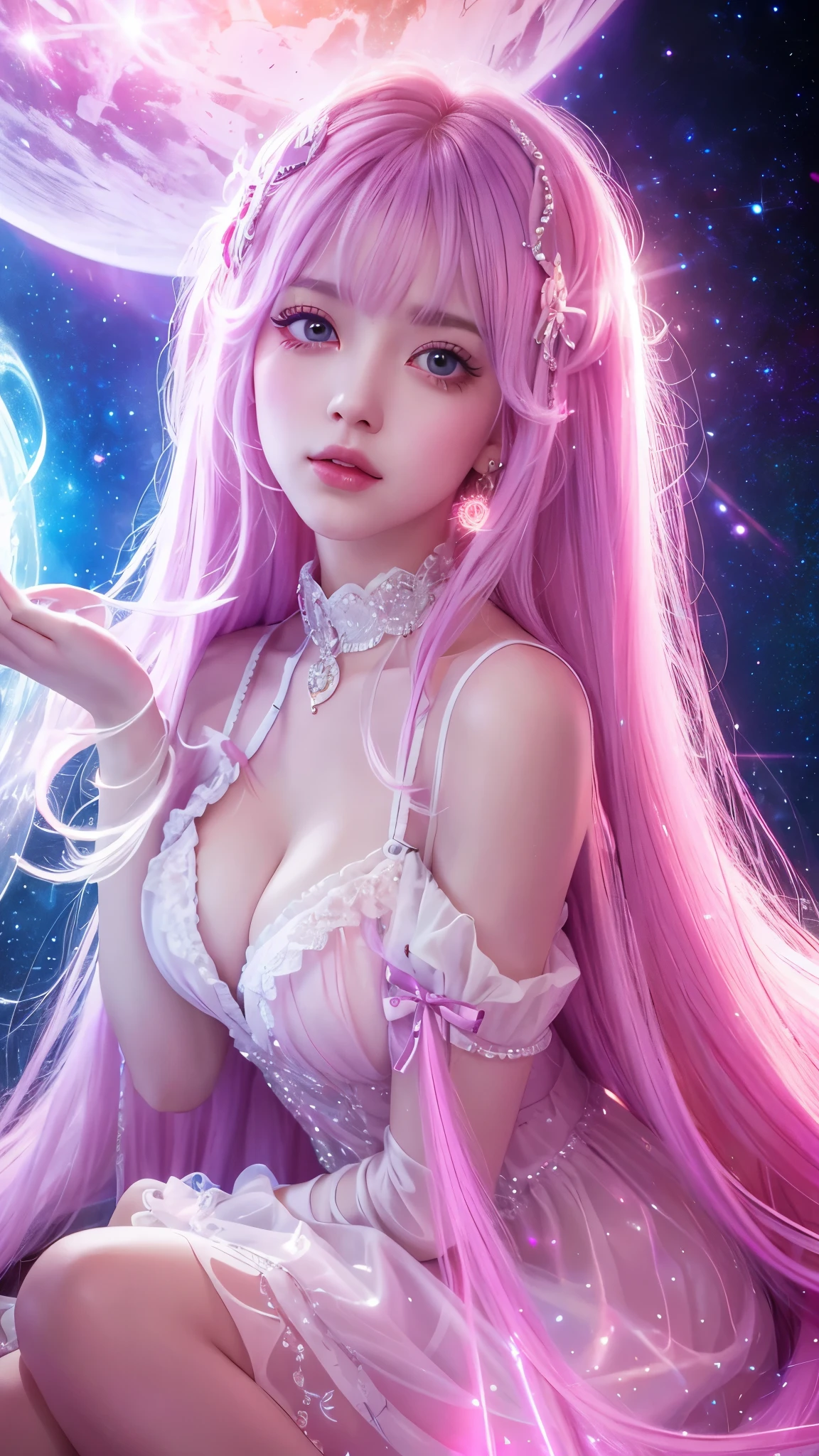4K Ultra HD, Masterpiece, A girl with a magical aura, Good face, Long hair, shinny hair, Detailed eyes, Glossy lips, Wearing a red ta costume, The aura around the body, Magical effect, Spread white light, Cosmic elements and ethereal atmosphere, A mix of bright lights and colorful nebulae, universe background, Sitting, Full body capture.