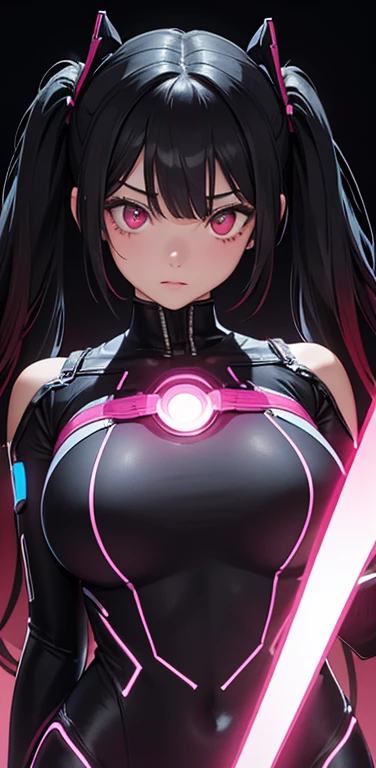Realistic、1girl、black hair、(twintails),red eyes、(glowing eyes)、open stance,(middle hair),(eye focus:1.3,upper body),(gradient eyes:1.3),(enamel body suit:1.3
)、(clear face:1.3),cute face、,(tareme:1.3),(huge breasts),(dark color background:1.5)
