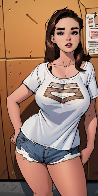 20 years old,1 mature woman,hyperrealistic, 8k, (extremely detailed 8k), (very delicate and beautiful), (masterpiece), (better quality:1.0), (ultra high resolution:1.0), (masterpiece, best quality),cute,black hair,full body,white background,realistic skin,Crop Top, Denim Shorts, Striped Knee Socks,big breasts,pink nail,forehead,acrobatic pose,