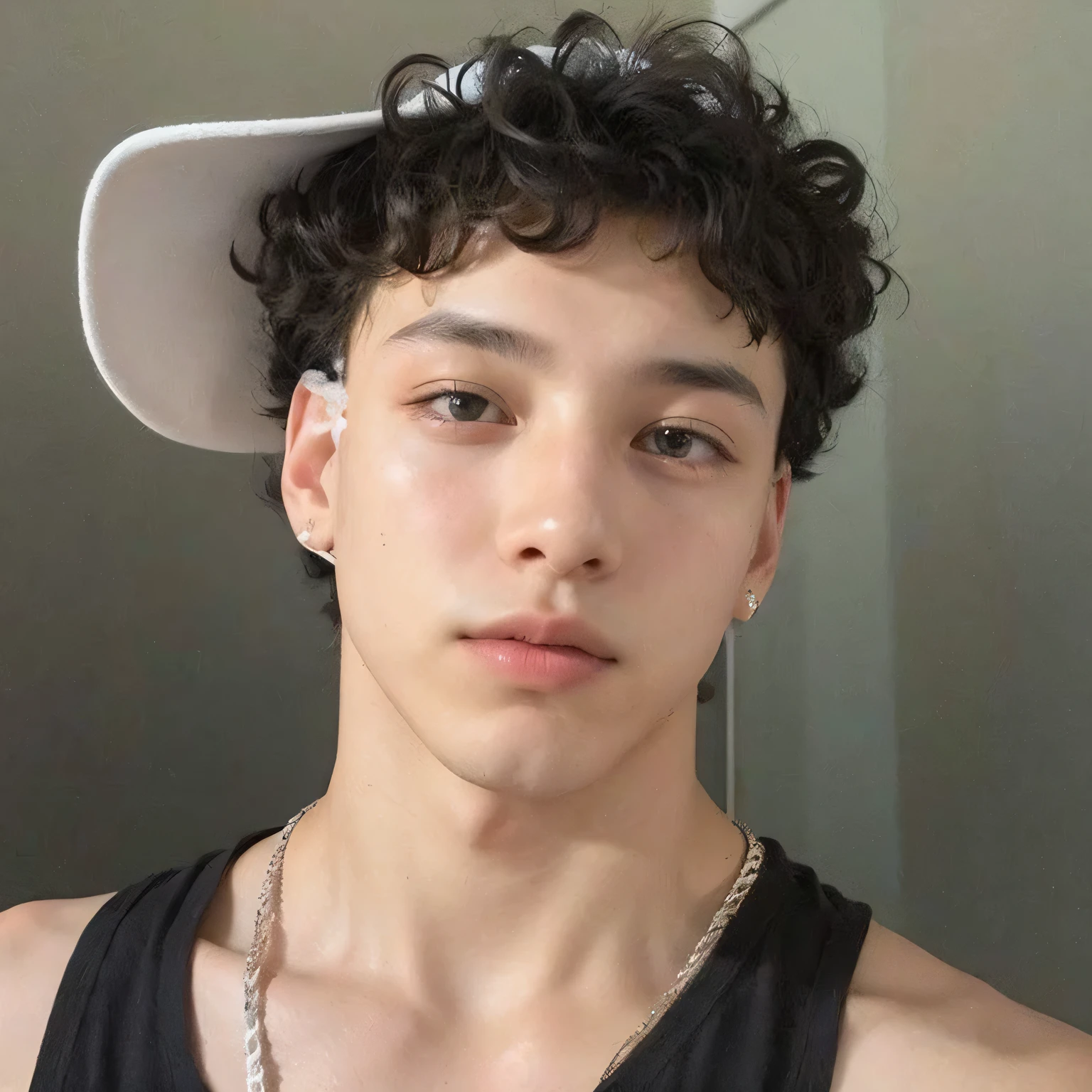 wired man with a white hat and a collar around his neck, 18 anos de idade, curls on top of the head, Jungkook, taken at the beginning of 2020, profile picture with headshot, Jeon Jungkook, BTS, cerca de 19 anos, 21 anos de idade, jovem, 22 anos de idade