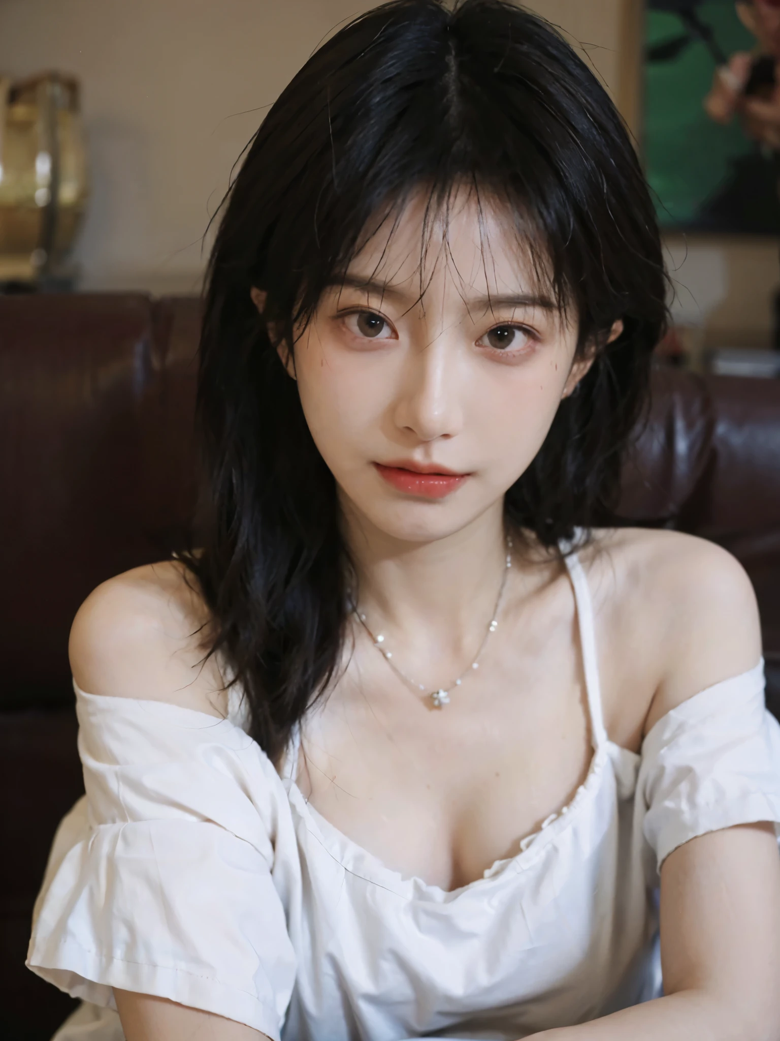 Film portrait photography, 1 girl, bare shoulders,lipstick，（flat chest：1.4）， Shoulder length wavy hair, wear necklace，earrings，short sleeves，serene, calm, (Realistic and detailed eyes, natural skin texture, Realistic facial details), Soft dramatic lighting, depth of field, Bokeh, big breasts，Areola，split，cleavage，Vibrant details, Detailed and detailed, surreal, 35mm film, hazy, ,