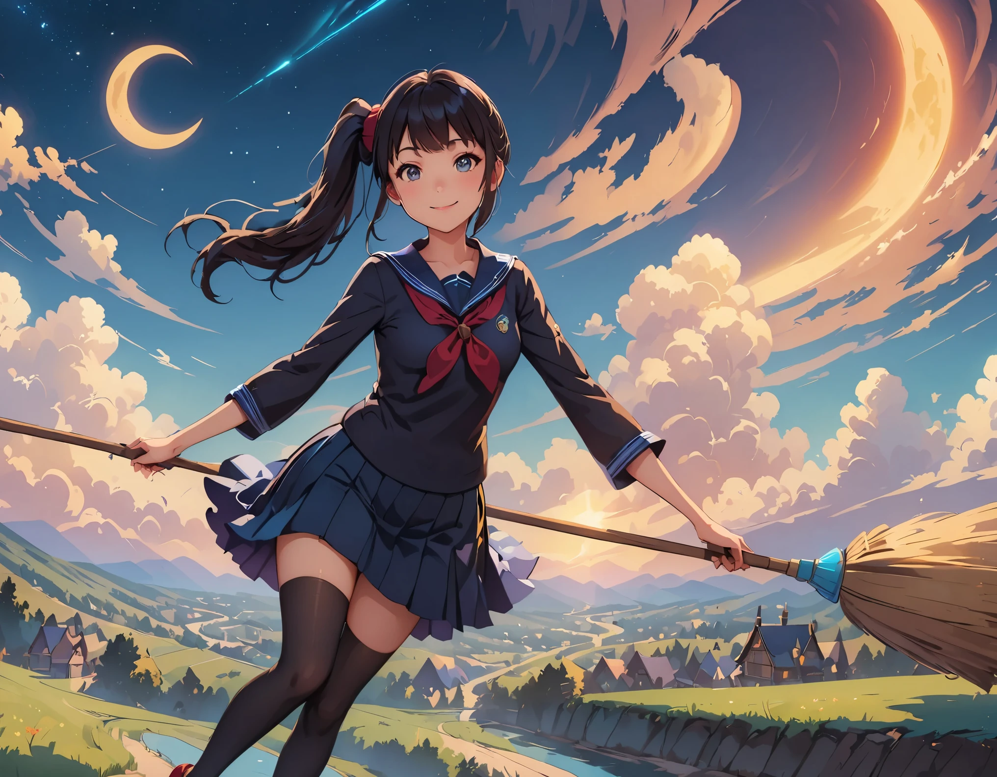 (highest quality、4K、8K、High resolution、masterpiece:1.2)、Super detailed、(anime style, photorealistic:1.37)、JKWitch、girl、(((JK, sailor suit, pleated skirt, Black Stockings J;1.2, Black hair side ponytail:1.2))), garden、fantasy、harry potter aesthetic、colorful、enchanting atmosphere、beautiful detailed eyes、beautiful detailed lips、flowing hair、((Fly on a broom、fly high into the sky, magic glowing wand))、 stars shining in the night sky、 Mysterious creatures on the background、gardenに咲くヒマワリとバラ、a magic spell is being cast、 enchanting aura、enchanting smile、Delicate porcelain skin、Expressive eyes full of wonder、 Aura of empowerment and confidence、Brightly colored magical sparks surrounded by swirls of magical energy、Night landscape with a crescent moon in the sky、wood々twinkling lights hanging from。