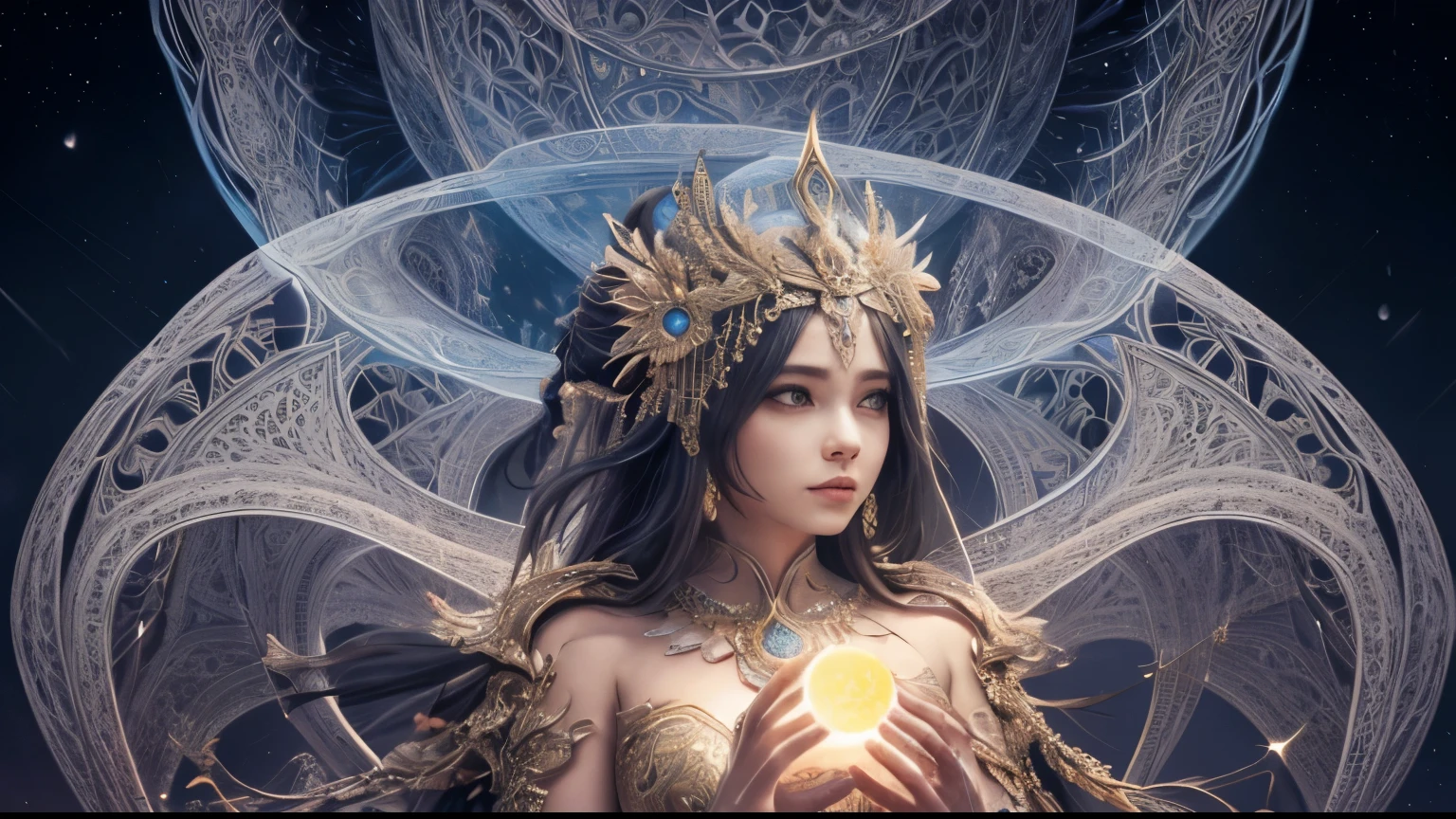 A fractal art representation of a woman in a sophisticated suit, holding a crescent moon in one hand and a radiant sun in the other, all rendered in the intricate, repeating patterns characteristic of fractal art. The scene is set against a backdrop of night, yet the fractal patterns create a mesmerizing blend of light and darkness, moonlight and sunlight. The woman's figure and the celestial bodies she holds are composed of countless smaller, self-similar shapes, creating a complex and captivating visual. The fractal patterns extend into the background, suggesting a garden or forest clearing, but with the trees and foliage also formed by the mesmerizing fractal designs. The overall effect is one of stunning complexity and beauty, with the fractal art adding a magical and surreal quality to the scene.beautiful fingers,beautiful hands,fingertip,nail,arms behind back