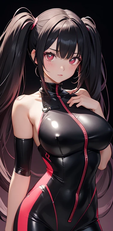 Realistic、1girl、black hair、(twintails),red eyes、(glowing eyes)、open stance,(middle hair),(eye focus:1.3,upper body),(gradient eyes:1.3),(enamel body suit:1.3
)、(clear face:1.3),cute face、,(tareme:1.3),(huge breasts),(dark color background:1.5)
