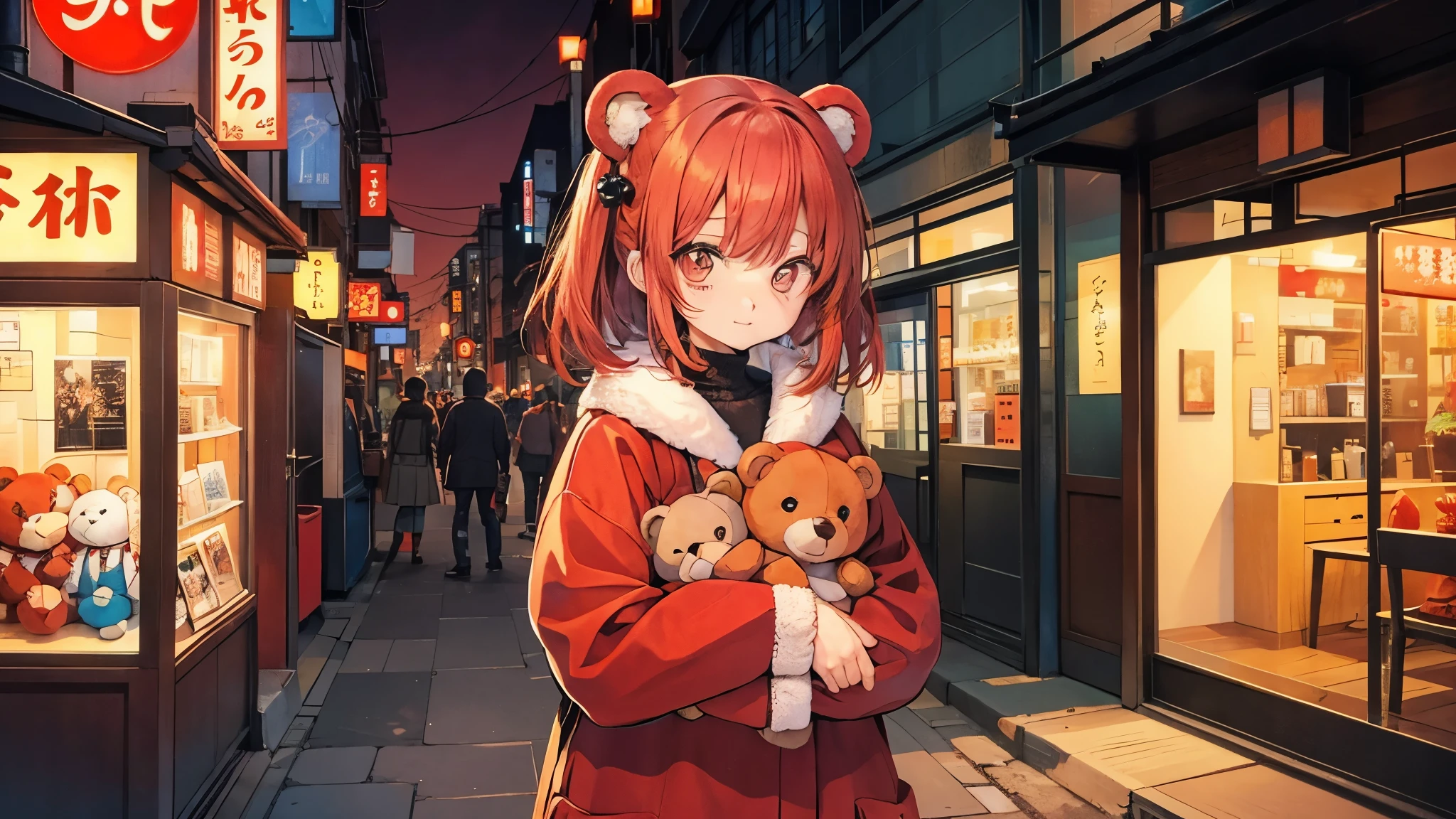 many vintage red fur teddy bears, random positions on empty Tokyo back street, looking at viewer