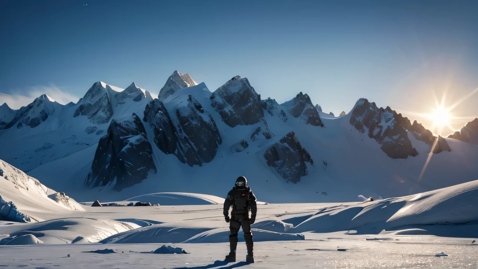 An icy landscape under the glow of an alien sun, with frozen mountains and rocky terrain. Small human with space suit, The sky is clear, showing distant galaxies in the background. A giant ice wall forms on one side of the scene, while another smaller piece floats nearby. In sharp contrast to its cold exterior, it glows warm inside, casting long shadows over its surroundings. in the style of Gabriele Dell'otto --ar 8:5 .4k