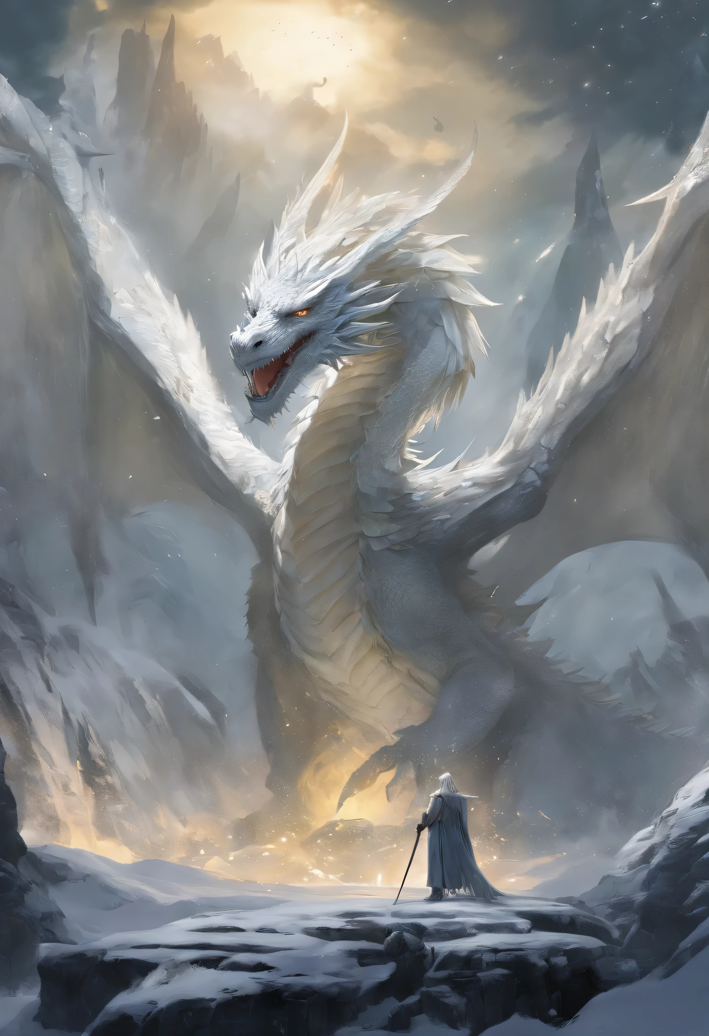 (white dragon),(Ice and snow outline the body of the dragon),Dragon flapping its wings,(shining golden light),alone,night,Multiple silhouettes,First-person elevation angle,Ultra-detailed,best quality,masterpiece,(8K),Very detailed,epic artwork