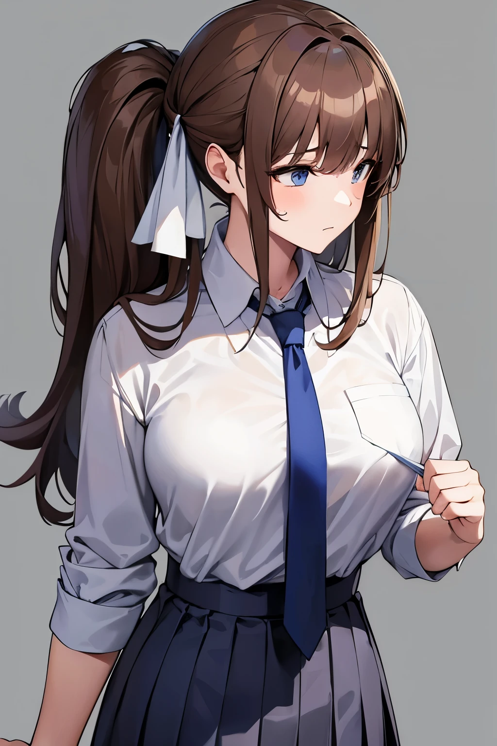 masterpiece, high_quality, 1girl, brown_hair, school_uniform, white_shirt, gray_blue_skirt, gray_blue_necktie, simple_background