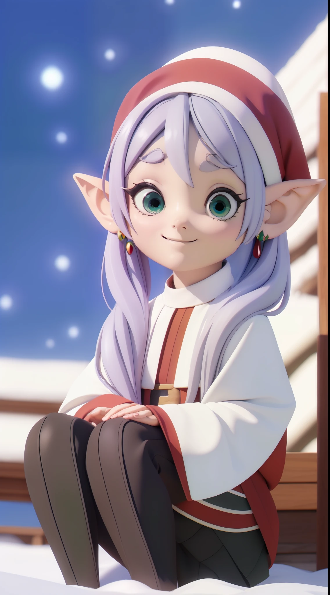 frieren, frieren, long hair, twintails, (green eyes:1.5), grey hair, pointy ears, elf,
BREAK shirt, long sleeves, jewelry, pantyhose, earrings, striped, black pantyhose, capelet, striped shirt, ((Santa red hat, Christmas hat))
BREAK looking at viewer, upper body, (full body:1.2), ((smiling)), ((seating)), ((wide open arms, open pose))
BREAK outdoors, sky, nature, ((winter town)), ((snowflakes, snowfall))
BREAK (masterpiece:1.2), best quality, high resolution, unity 8k wallpaper, (illustration:0.8), (beautiful detailed eyes:1.6), extremely detailed face, perfect lighting, extremely detailed CG, (perfect hands, perfect anatomy),