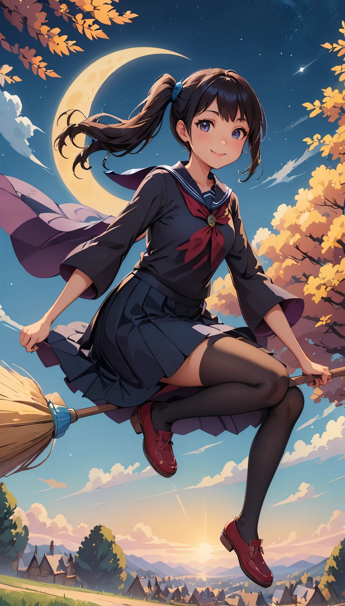 (highest quality、4K、8K、High resolution、masterpiece:1.2)、Super detailed、(anime style, photorealistic:1.37)、JKWitch、girl、(((JK, sailor suit, pleated skirt, Black Stockings J;1.2, Black hair side ponytail:1.2))), garden、fantasy、harry potter aesthetic、colorful、enchanting atmosphere、beautiful detailed eyes、beautiful detailed lips、flowing hair、((Fly on a broom、fly high into the sky, magic glowing wand))、 stars shining in the night sky、 Mysterious creatures on the background、gardenに咲くヒマワリとバラ、a magic spell is being cast、 enchanting aura、enchanting smile、Delicate porcelain skin、Expressive eyes full of wonder、 Aura of empowerment and confidence、Brightly colored magical sparks surrounded by swirls of magical energy、Night landscape with a crescent moon in the sky、wood々twinkling lights hanging from。