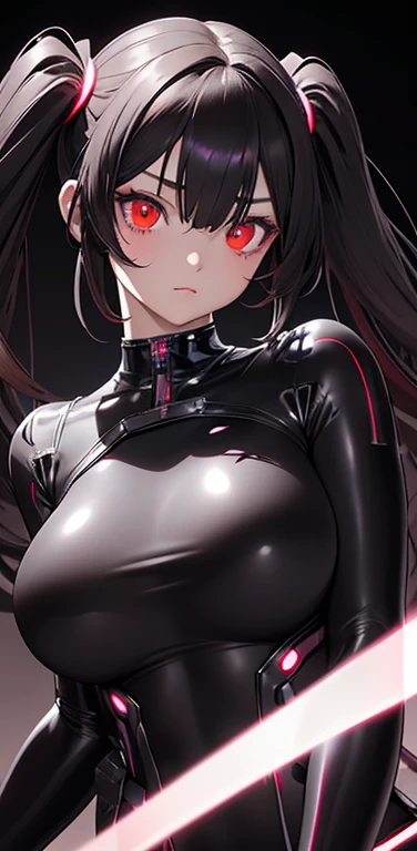 Realistic、1girl、black hair、(twintails),red eyes、(glowing eyes:1.3)、open stance,(middle hair),(eye focus:1.3,upper body),(gradient eyes:1.3),(enamel body suit:1.3
)、(clear face:1.3),cute face、,(tareme:1.3),(gigantic breasts),(dark color background:1.5)
