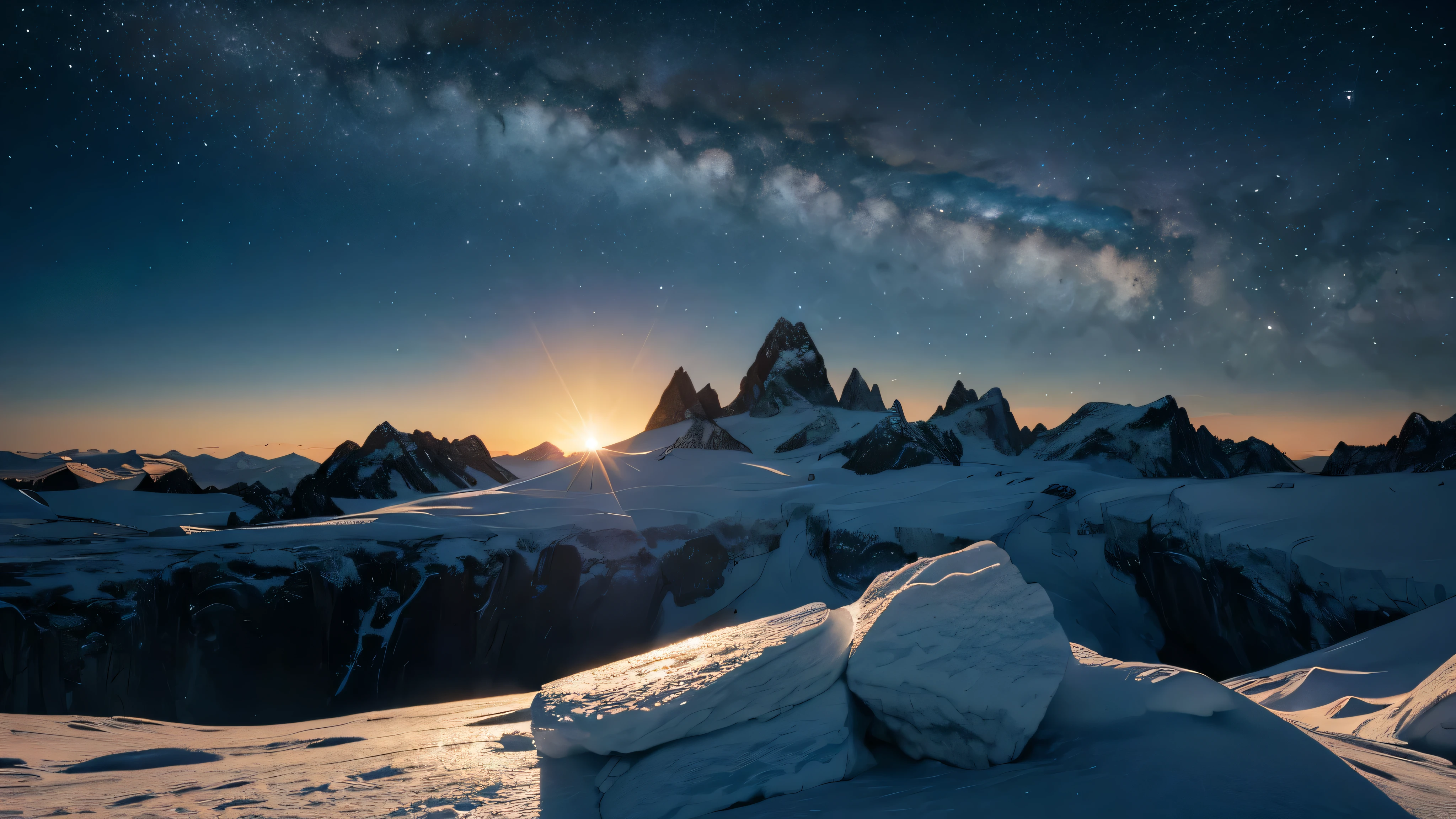 An icy landscape under the glow of an alien sun, with frozen mountains and rocky terrain. The sky is clear, showing distant galaxies in the background. A giant ice wall forms on one side of the scene, while another smaller piece floats nearby. In sharp contrast to its cold exterior, it glows warm inside, casting long shadows over its surroundings. in the style of Gabriele Dell'otto --ar 8:5 .4k
