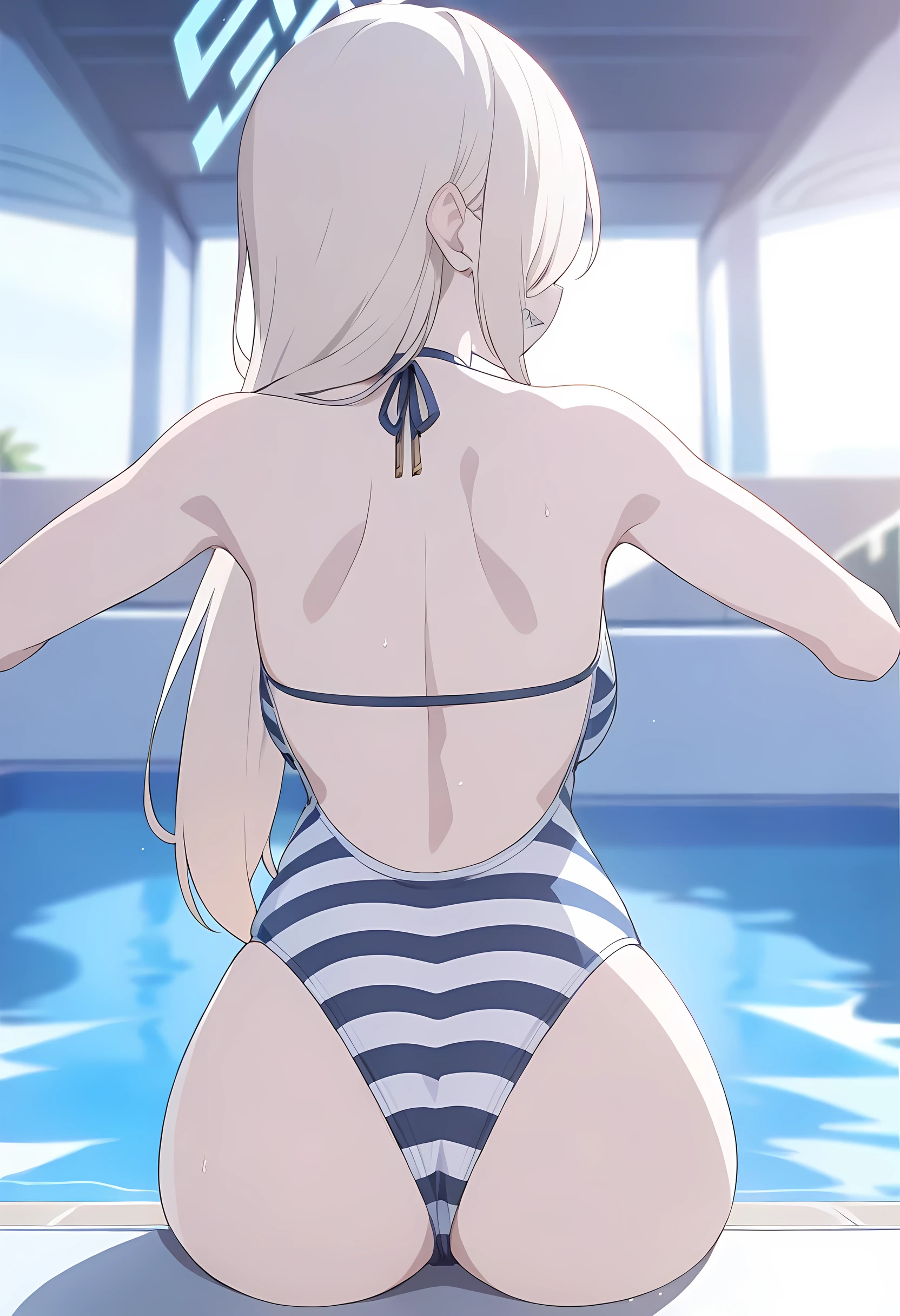 Kanna from Blue Archive, Sharp teeth, long hair, Blue and white stripe pattern swimsuit , 1girl, Behind view, Masterpiece, Best Quality, HDR, Blue archive artstyle, Detailed face, Pool atmosphere, Sexual pose