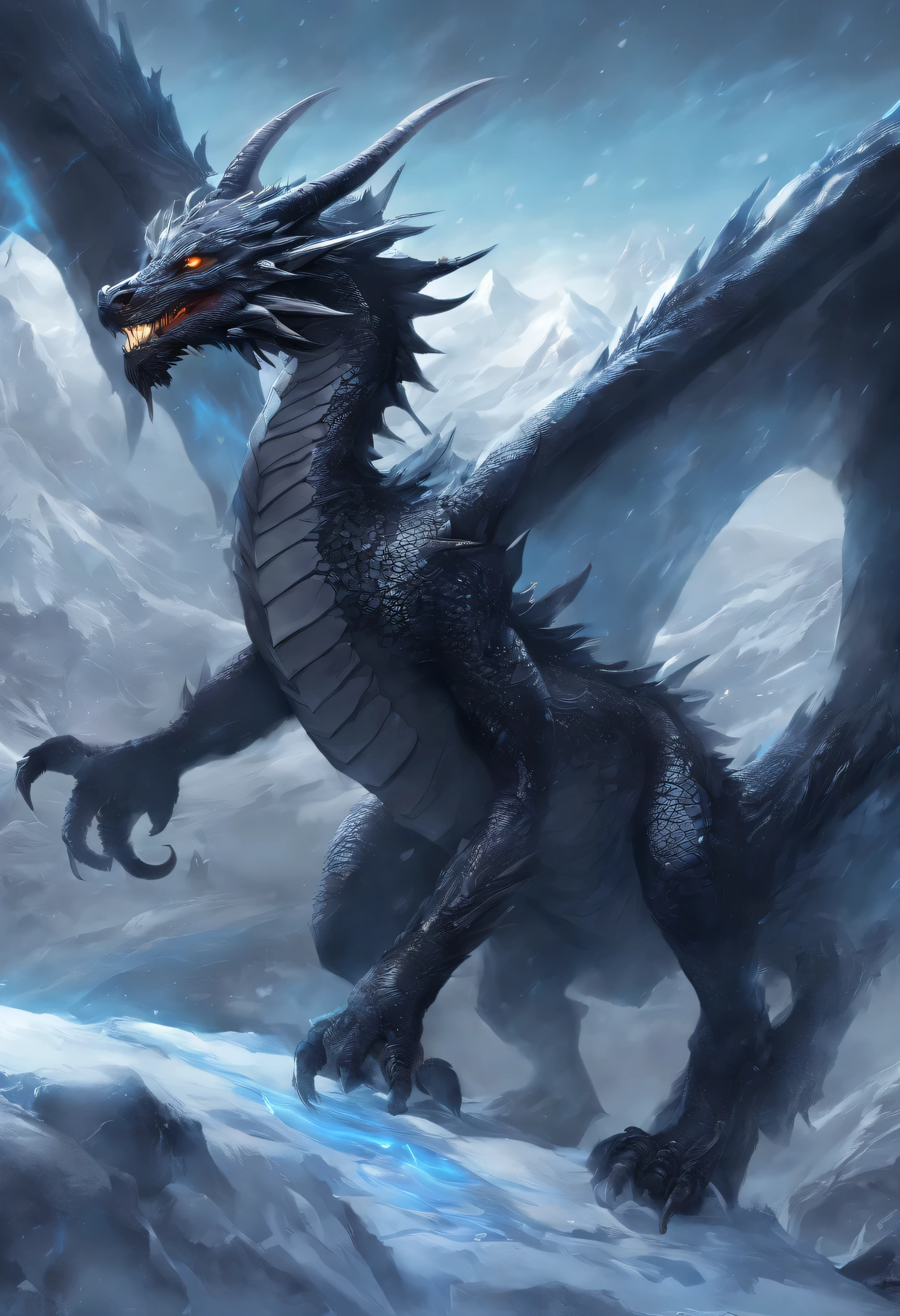(Ice Black Dragon),(Ice and snow outline the body of the dragon),Dragon flapping its wings,(shining golden light),alone,night,Multiple silhouettes,First-person elevation angle,Ultra-detailed,best quality,masterpiece,(8K),Very detailed,epic artwork