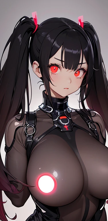 Realistic、1girl、black hair、(twintails),red eyes、(glowing eyes:1.3)、open stance,(middle hair),(eye focus:1.3,upper body),(gradient eyes:1.3),(enamel body suit:1.3
)、(clear face:1.3),cute face、,(tareme:1.3),(gigantic breasts),(dark color background:1.5)
