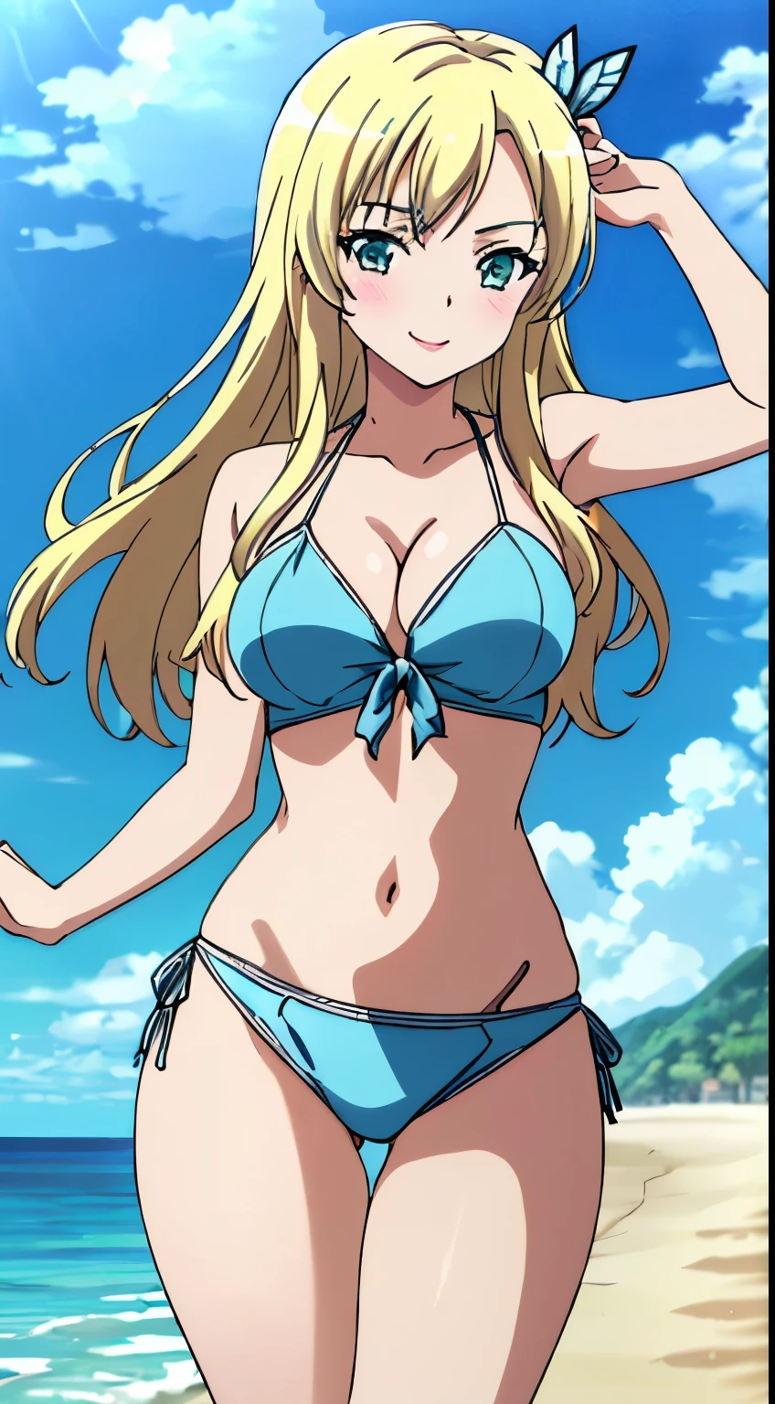 masterpiece,highest quality,anime,2D,girl1people, sena kashiwazaki,blonde,10's style,large medium breasts,smile,blush,swimsuit,beach,stylish pose,stylish angle,looking at the viewer, in the center of the image,(beautiful,large medium breasts:1.4), (beautiful_face:1.3),(narrow_waist),(beautiful_thighs:1.2),