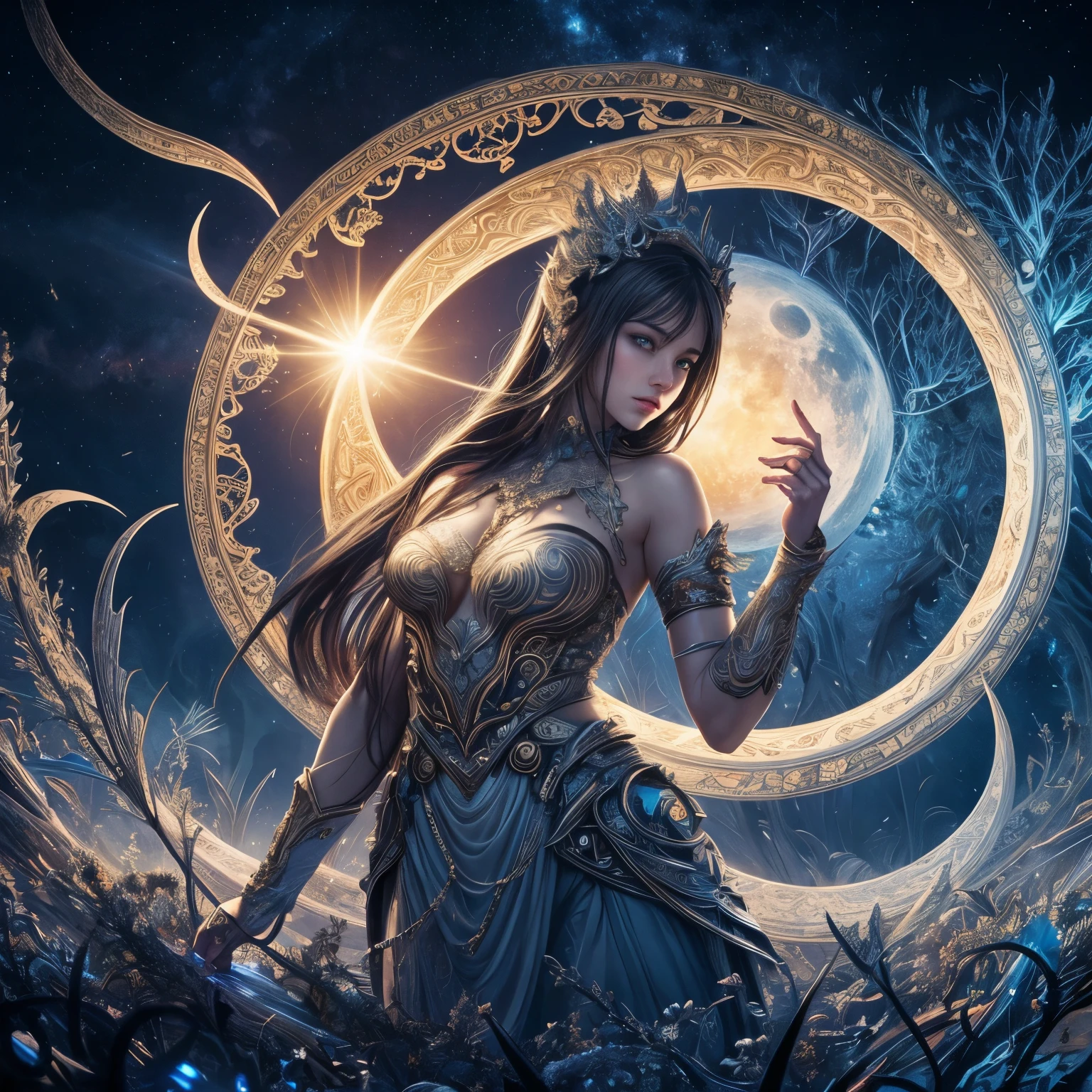 A fractal art representation of a woman in a sophisticated suit, holding a crescent moon in one hand and a radiant sun in the other, all rendered in the intricate, repeating patterns characteristic of fractal art. The scene is set against a backdrop of night, yet the fractal patterns create a mesmerizing blend of light and darkness, moonlight and sunlight. The woman's figure and the celestial bodies she holds are composed of countless smaller, self-similar shapes, creating a complex and captivating visual. The fractal patterns extend into the background, suggesting a garden or forest clearing, but with the trees and foliage also formed by the mesmerizing fractal designs. The overall effect is one of stunning complexity and beauty, with the fractal art adding a magical and surreal quality to the scene.beautiful fingers,beautiful hands,fingertip,nail,arms behind back