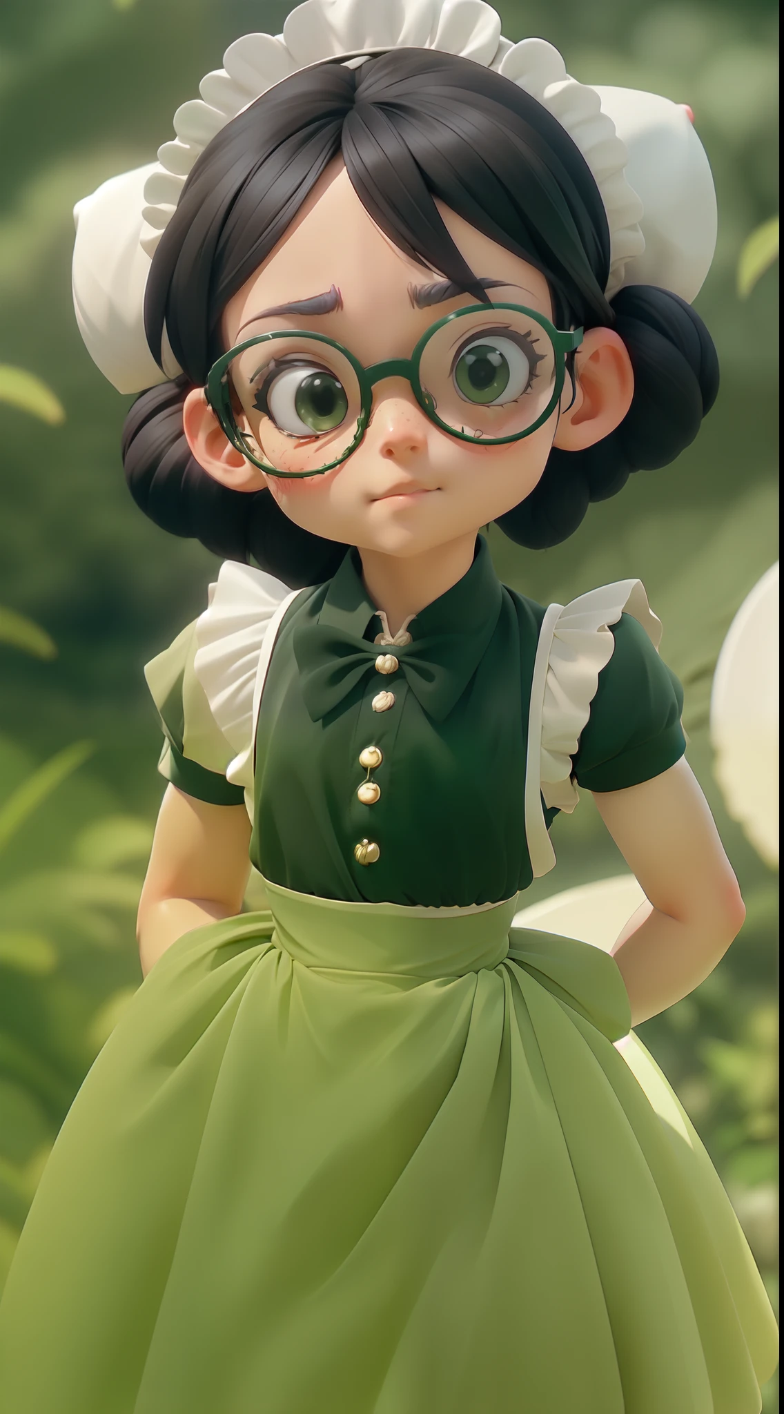 highres, sharp focus, pixiv masterpiece, ((intricate details)), highly detailed, yuri alpha, 1girl, black hair, (green wristband, green gauntlets, spikes,:1.1) glasses, green eyes, maid, single hair bun, dress, choker, bowtie, maid apron, 