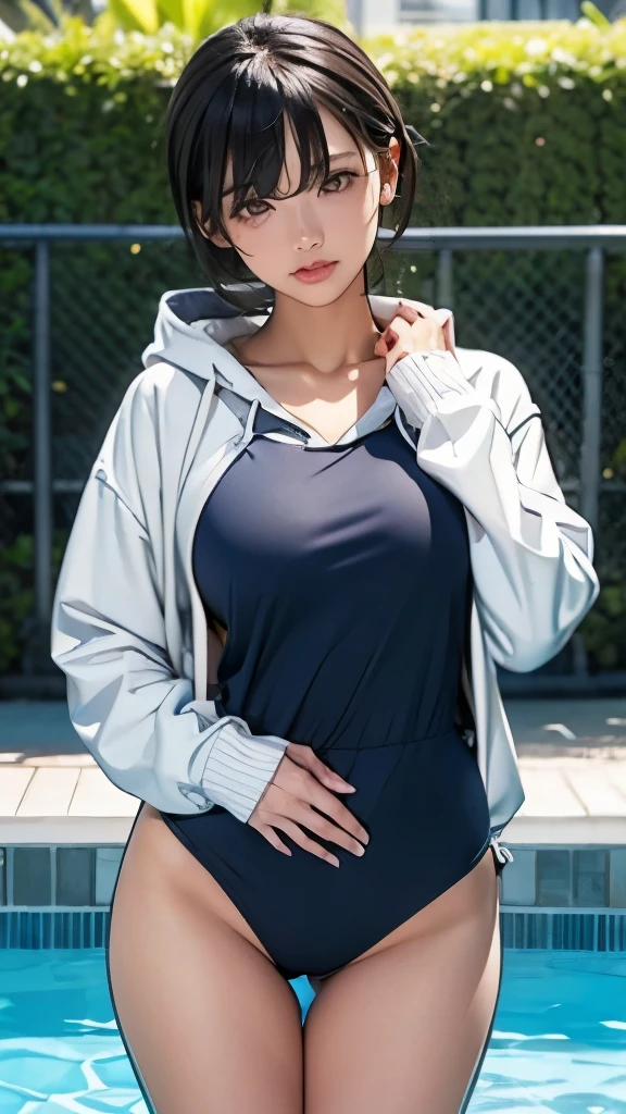 girl、A girl wearing only a hoodie over a one-piece school swimsuit looks at me.、embarrassed look、baby face、black short hair、accurately drawn face、Slender but big breasts、healthy thighs、Navy blue dress school swimsuit、white hoodie、By the pool、anatomically correct、precise fingers、exact limbs、
