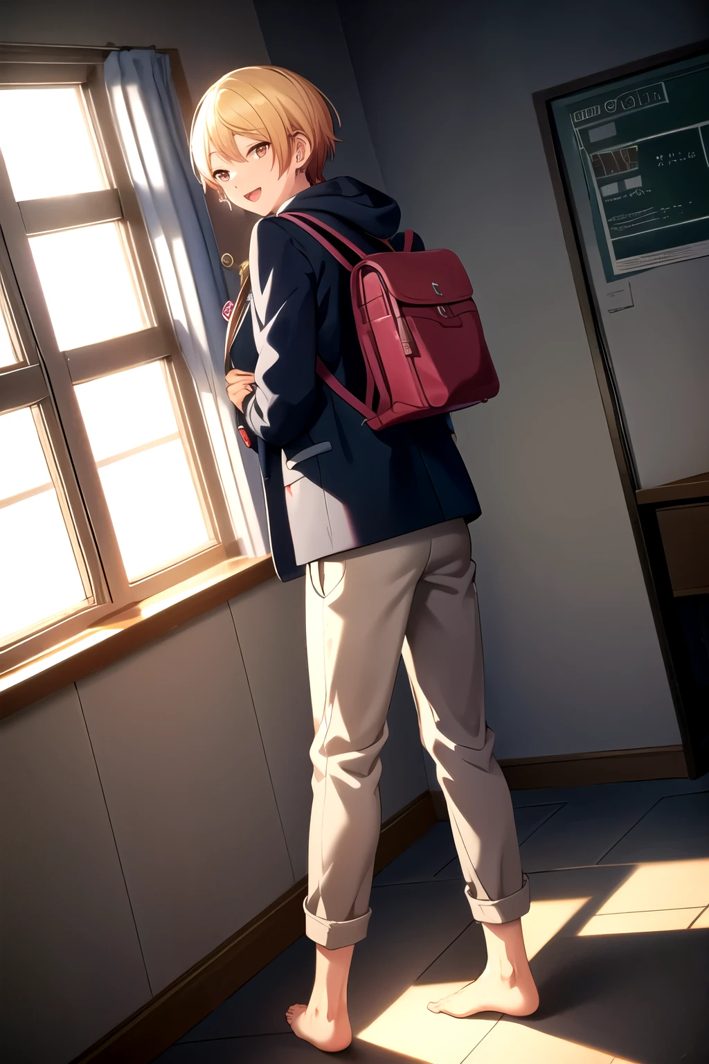 akitokun, looking at viewer, long sleeves, holding, hair between eyes, jewelry, school uniform, jacket, :d, earrings, looking back, pants, indoors,barefoot,dust on foot soles,black foot soles， hood, bag, from behind, window, hoodie, blazer, backpack, hood down, lens flare, school bag, hand in pocket, grey jacket,focus feet