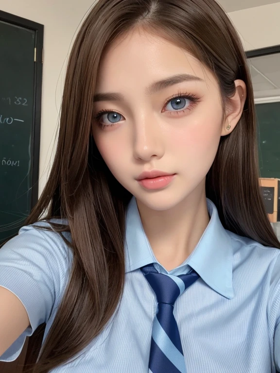 (table top:1.4, Photoreal:1.4, 8K), highest quality, masterpiece, ultra high resolution, perfect dynamic composition, big face、round face、((light brown hair, long hair, straight hair))、Highly detailed skin and facial textures:1.3, Detail of limbs, 1 girl, Cute sexy 22 year old woman, (sunburn:1.4), ((completely enchants you:0.9)), ((school uniform, light blue collared short sleeve shirt, Striped tie)),Medium chest, (distant eyes, beautiful eyes, brown eyes、Eyes that feel beautiful eros:0.85), sexy face:0.4, (closed mouth、small mouth、thick lips、A taste of beautiful eroticism:0.85), ((Too cute beauty:0.9))、gal makeup、((Close-up))